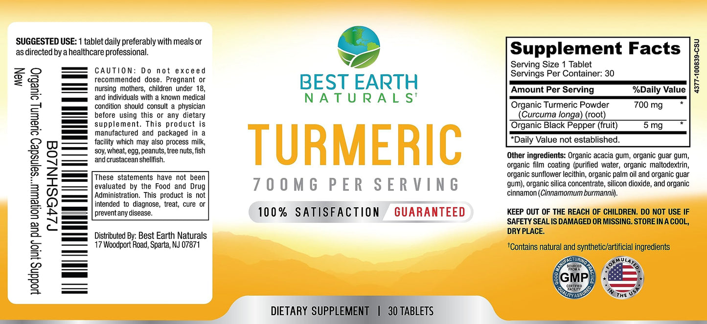 Best Earth Naturals Organic Turmeric 700 mg with Black Pepper for Max Absorption Tablets, 30 Count