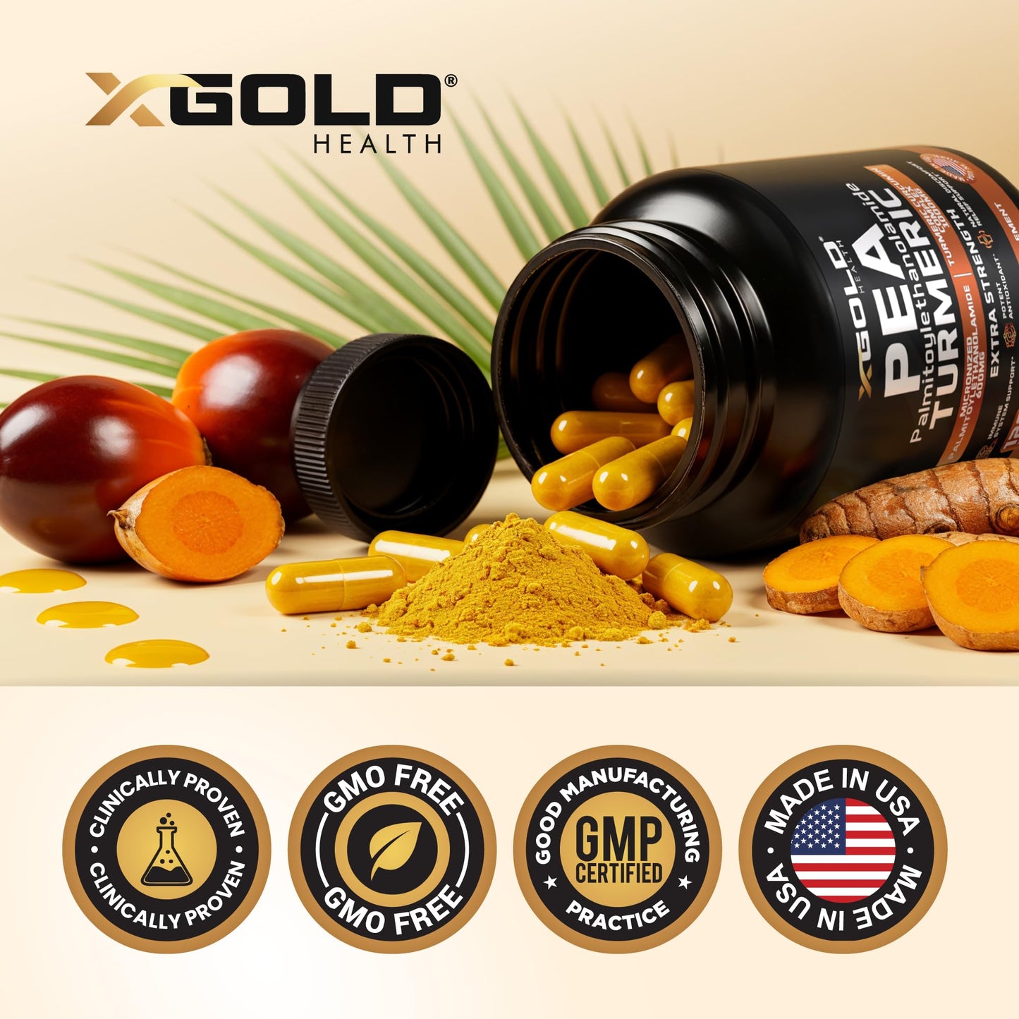 X Gold Health Pea Palmitoylethanolamide + Turmeric Curcumin Complex 1600mg Micronized 99% & 95% Curcuminoids High Potency Joint Support, Mobility & Comfort Capsules 120 Count