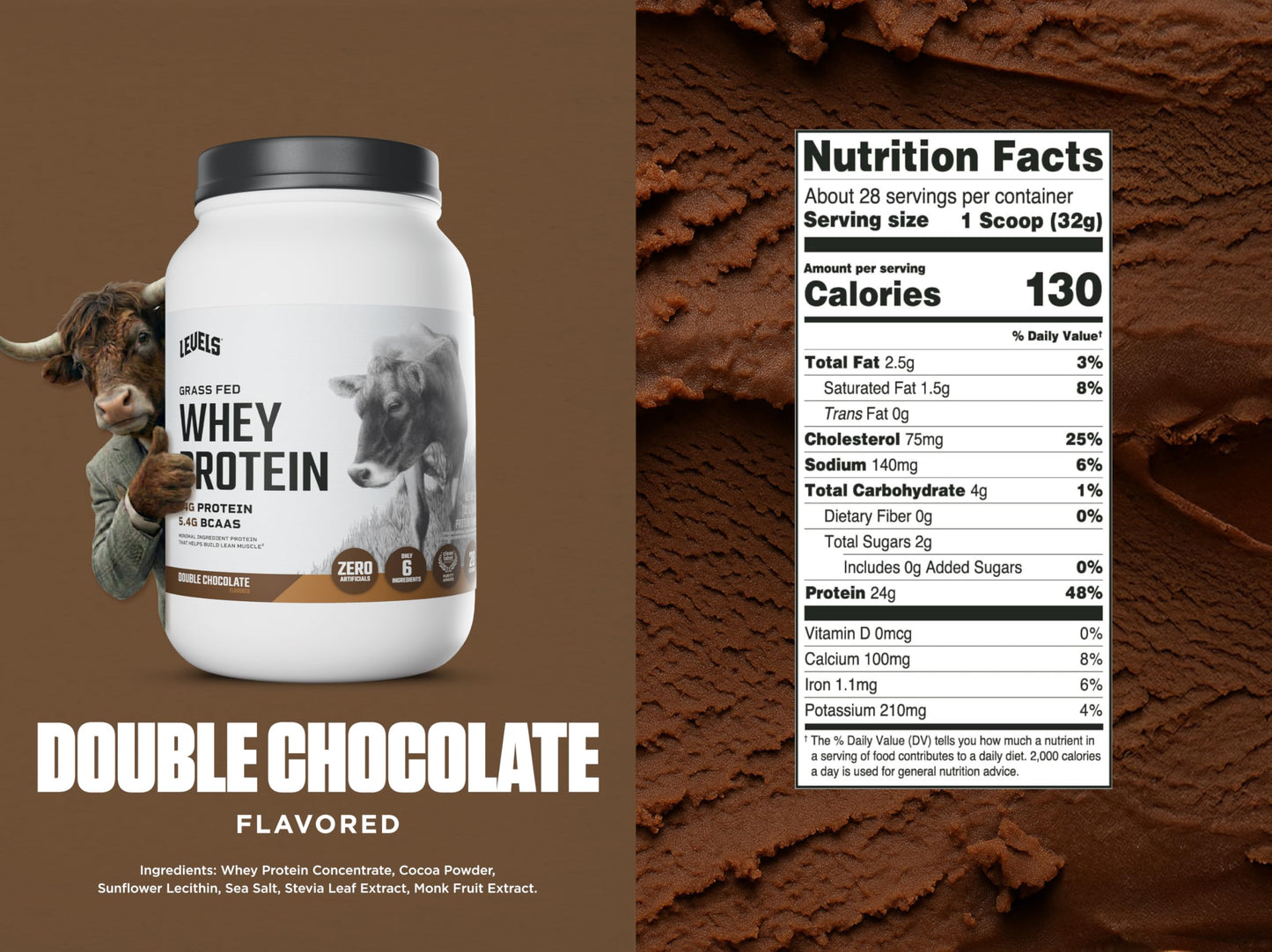 Levels Nutrition Grass Fed Whey Protein Powder, Double Chocolate, 32 Servings