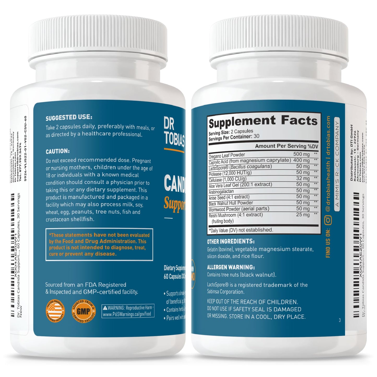 Dr. Tobias Candida Support Gut Flora Balance Complex with Oregano, Caprylic Acid, Enzymes & Probiotics for Intestinal Detox Cleanse & Gut Health, Capsules, 60 Count