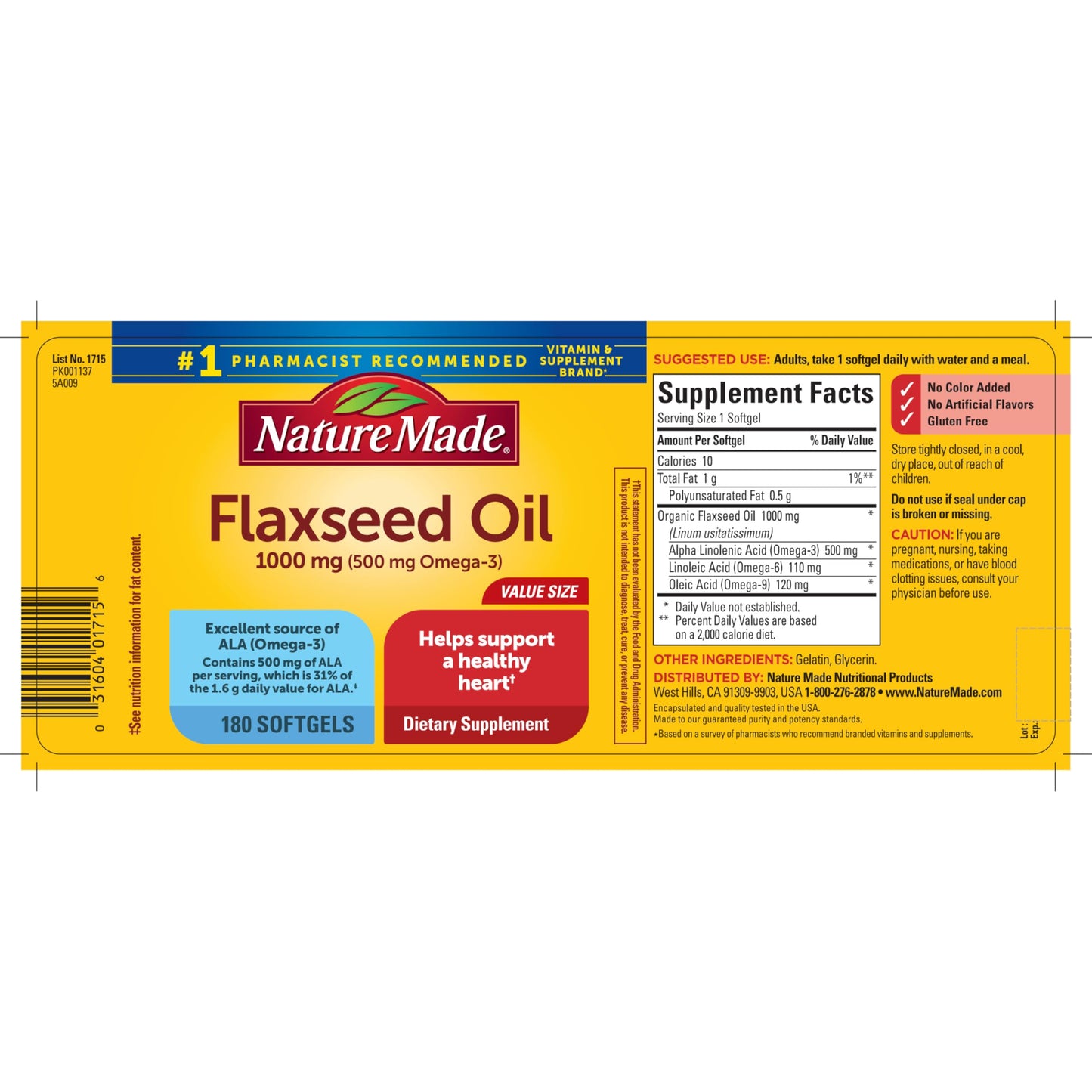 Nature Made Flaxseed Oil 1000 mg Softgels, 180 Count