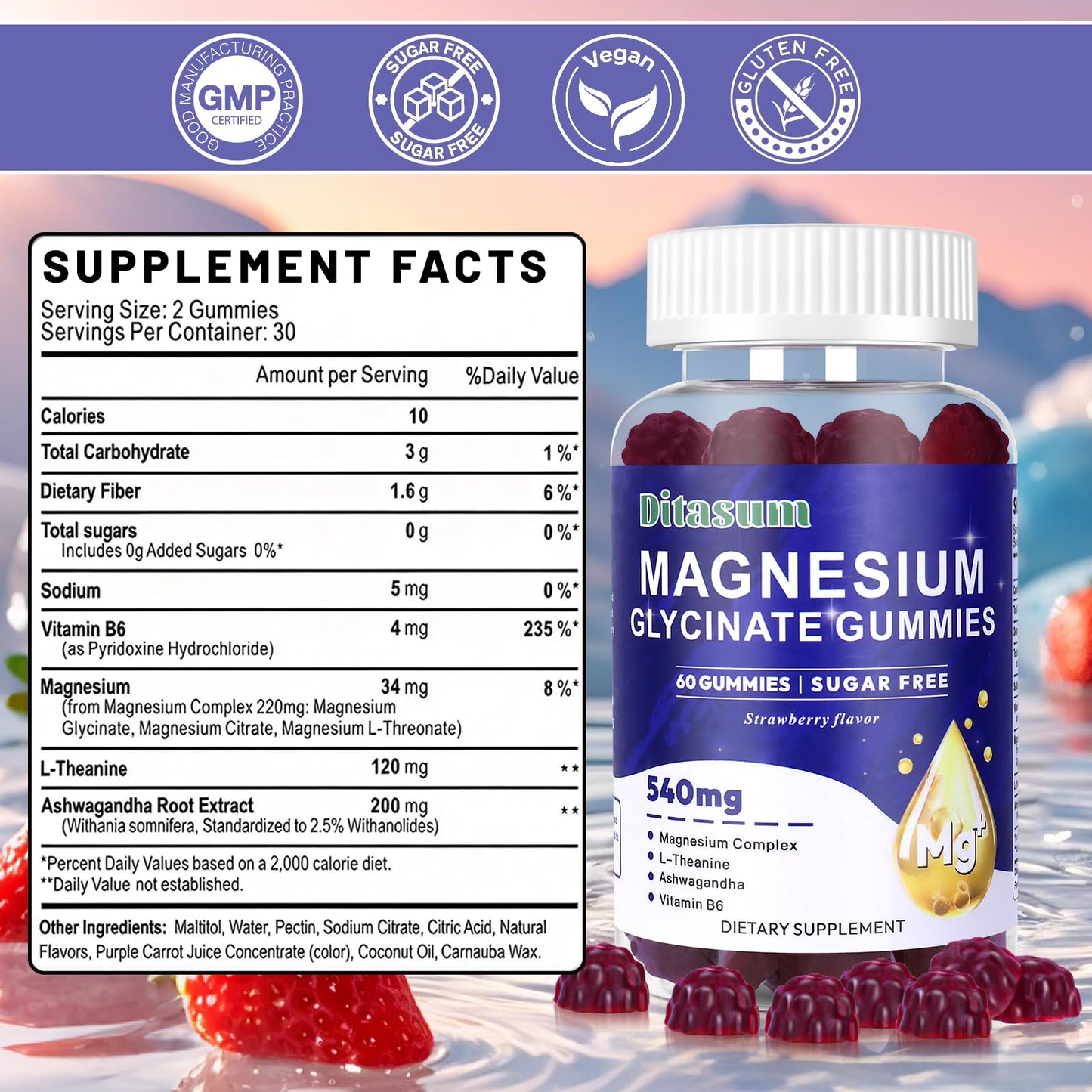 Ditasum Magnesium Glycinate Gummies With L-Threonate, Vitamin B6, Ashwagandha 540mg per Serving, Sugar Free, Vegan, Strawberry Flavor, 60 Gummies