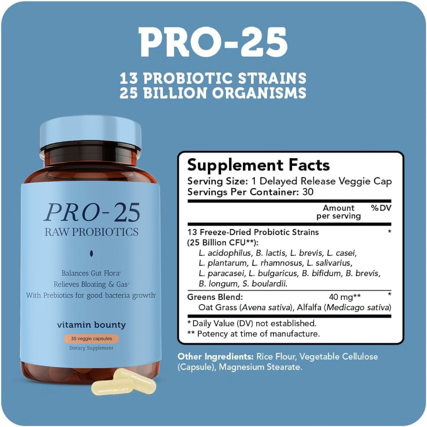 Vitamin Bounty Pro-25 Probiotics for Women & Men - 25 Billion CFU - Probiotic Prebiotic for Digestive Health & Gut Support with Lactobacillus Acidophilus, Bifidobacterium Probiotic - 30 Veg Capsules