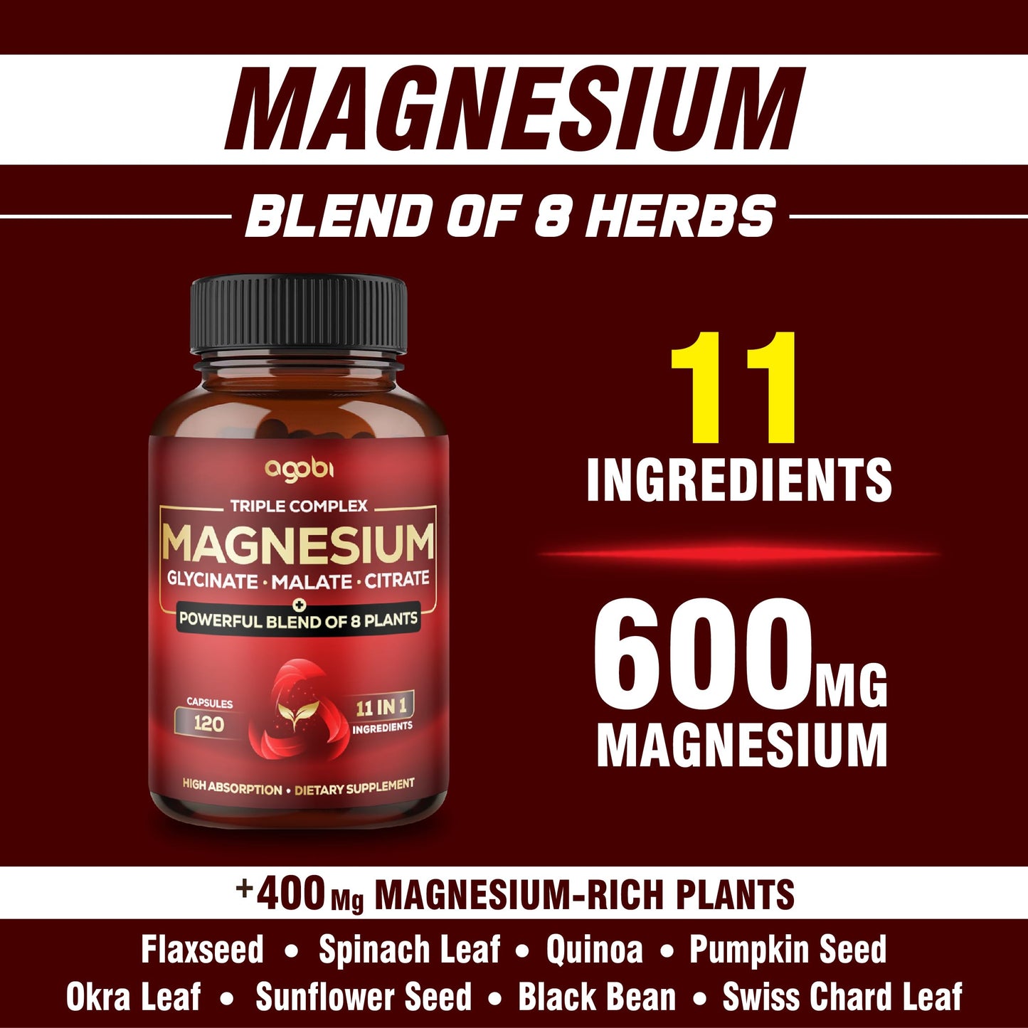 agobi Magnesium Triple Complex 600mg Magnesium Glycinate, Malate & Citrate - Added Spinach, Swiss Chard & Others - Support Calm, Restful Mood & Muscle Cramp 120 Capsules