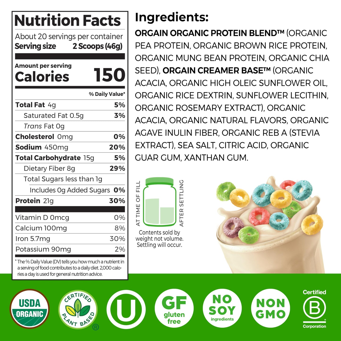 Orgain Organic Vegan 21g Protein Powder, Fruity Cereal, 32.4 oz