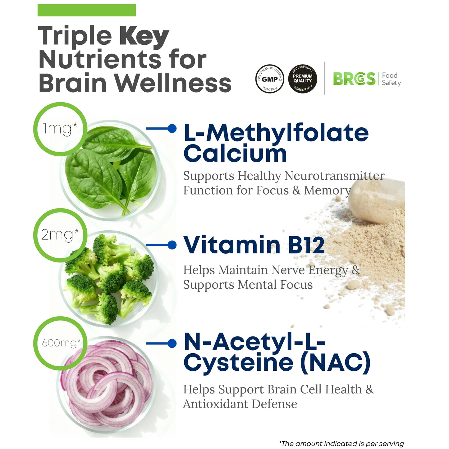 ONOTIC Brain Wellness Capsules with L-Methylfolate, NAC, Vitamin B12 for Memory & Focus, Vegan, Non-GMO, Gluten Free, 90 Capsules