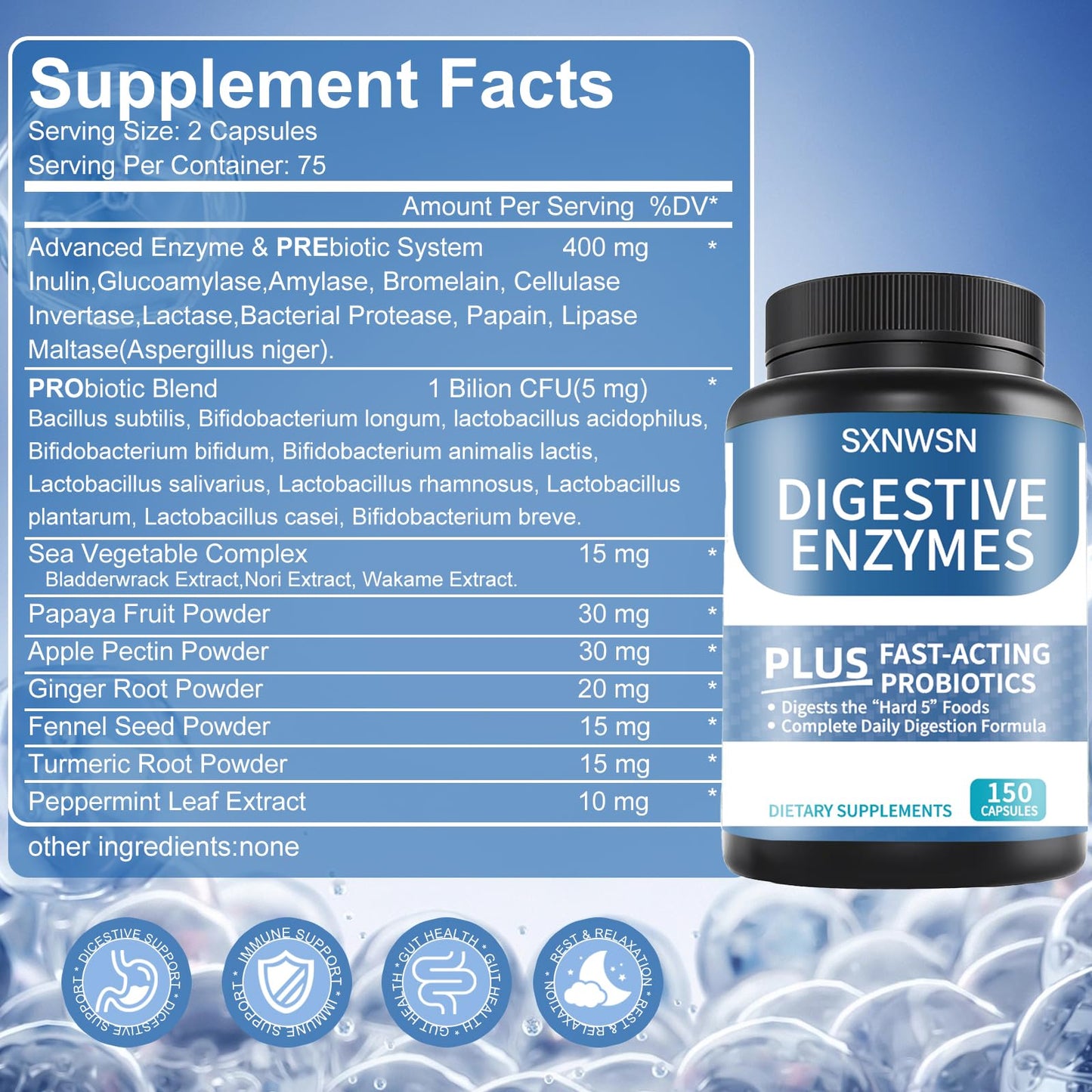 SXNWSN Digestive Enzymes with Bromelain for Gut Health, 150 Vegan Capsules