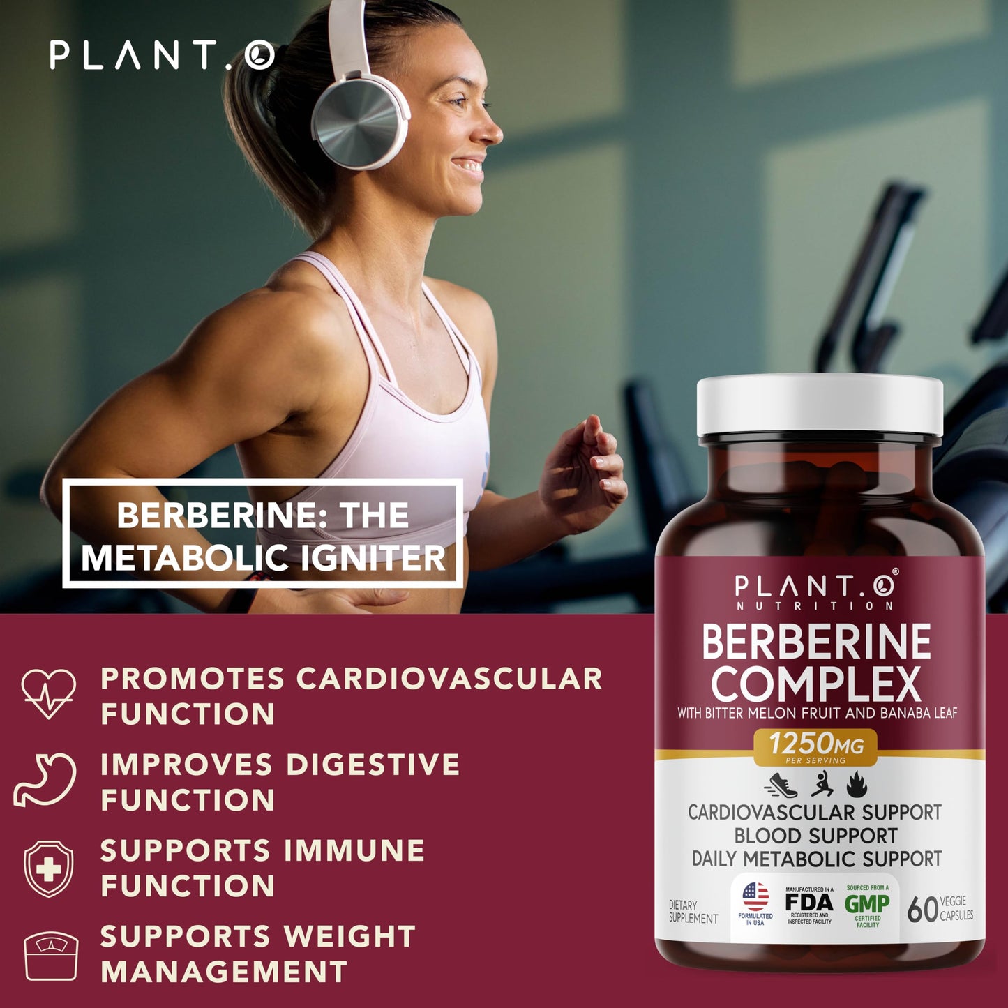 PLANT.O NUTRITION Berberine Supplement - 10xHigher Absorption Berberine HCI Complex with Bitter Lemon & Banaba Leaf - Cholesterol & Metabolic Clinically Researched Support, Non-GMO, 60 Capsules