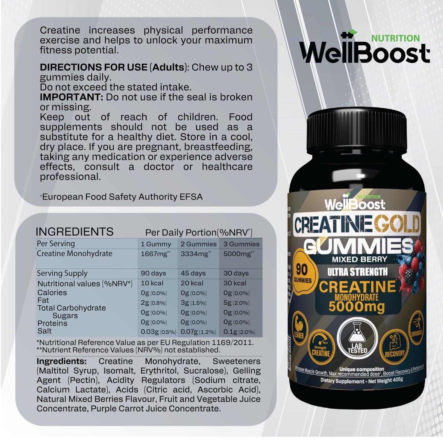 WellBoost Creatine Gold – 5000mg Creatine Monohydrate Gummy 90 Count