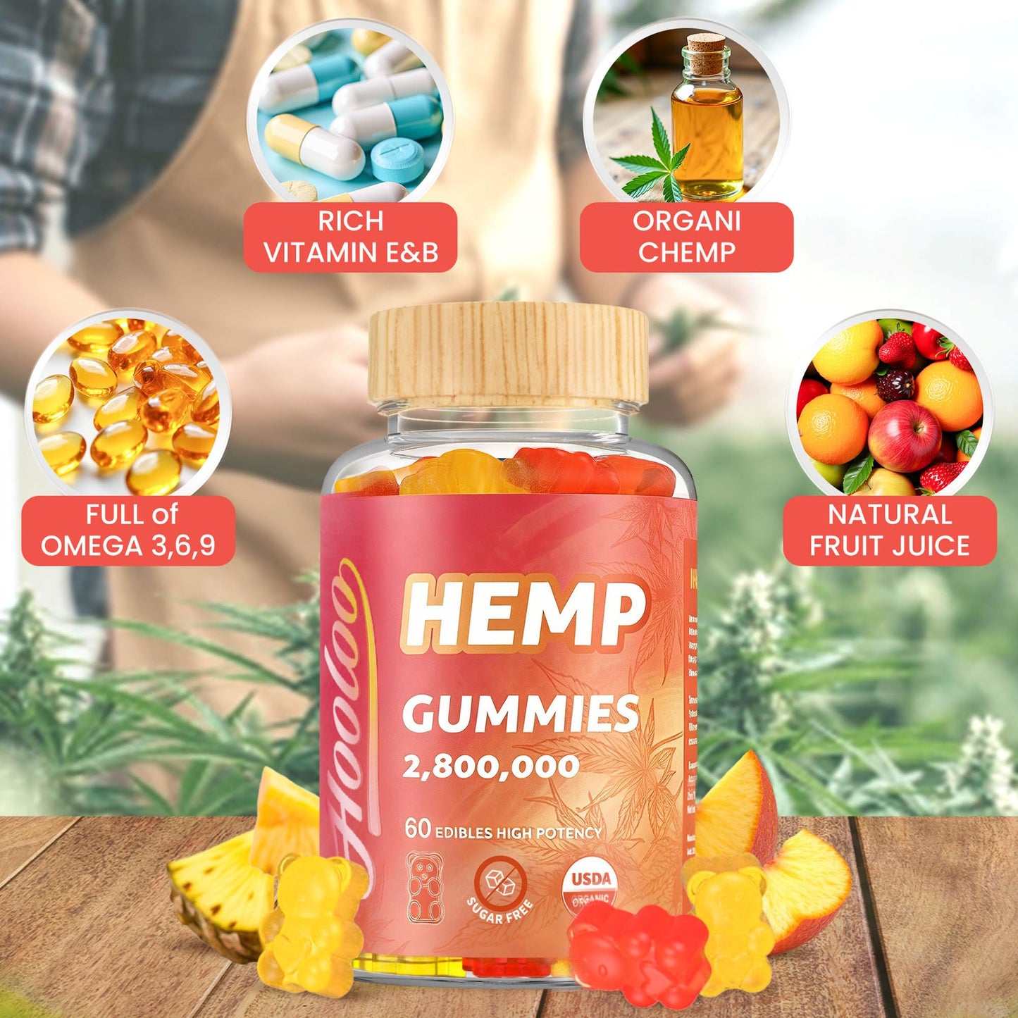 HOOLOO Hemp Gummies for Happier Bedtimes & Focus, Extra Strength 2,800,000 Hemp Oil Infused, Gummy Bears Fruity, Sugar Free, Made in USA, 120 Gummies