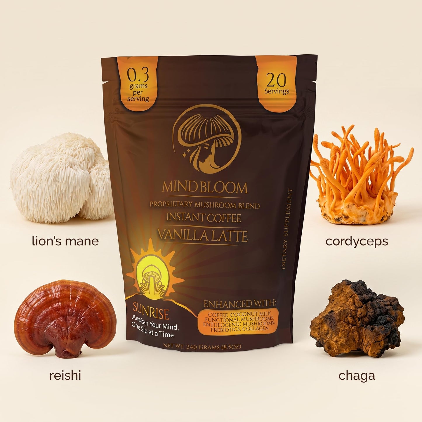 Mind Bloom Sunrise Vanilla Latte Instant Coffee with Proprietary Mushroom Blend, Powder, 8.5 oz