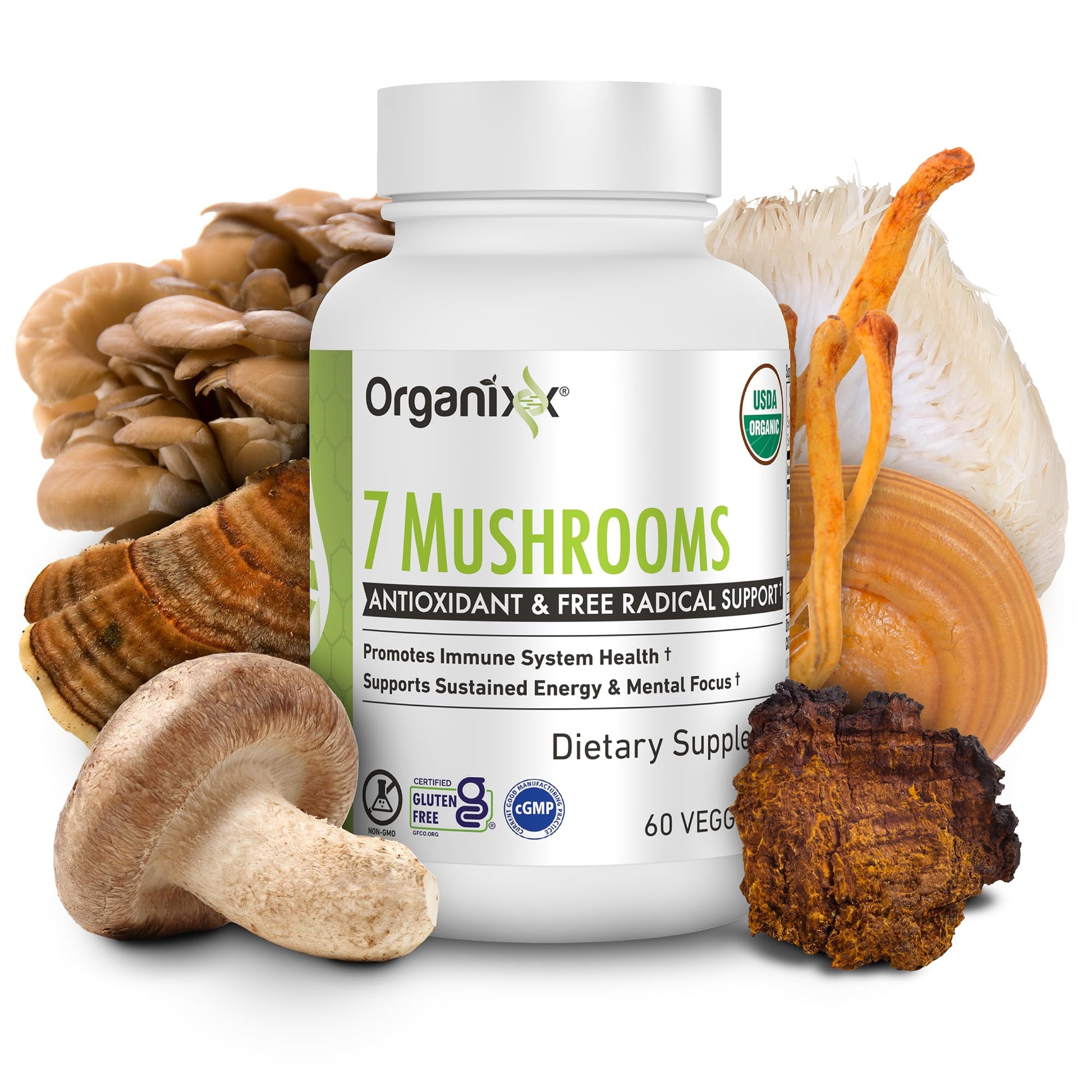 Organixx USDA Organic Mushroom Supplement 7 Fermented Mushrooms – Lions Mane, Shiitake, Cordyceps, Turkey Tail, Reishi Capsules 90 Count