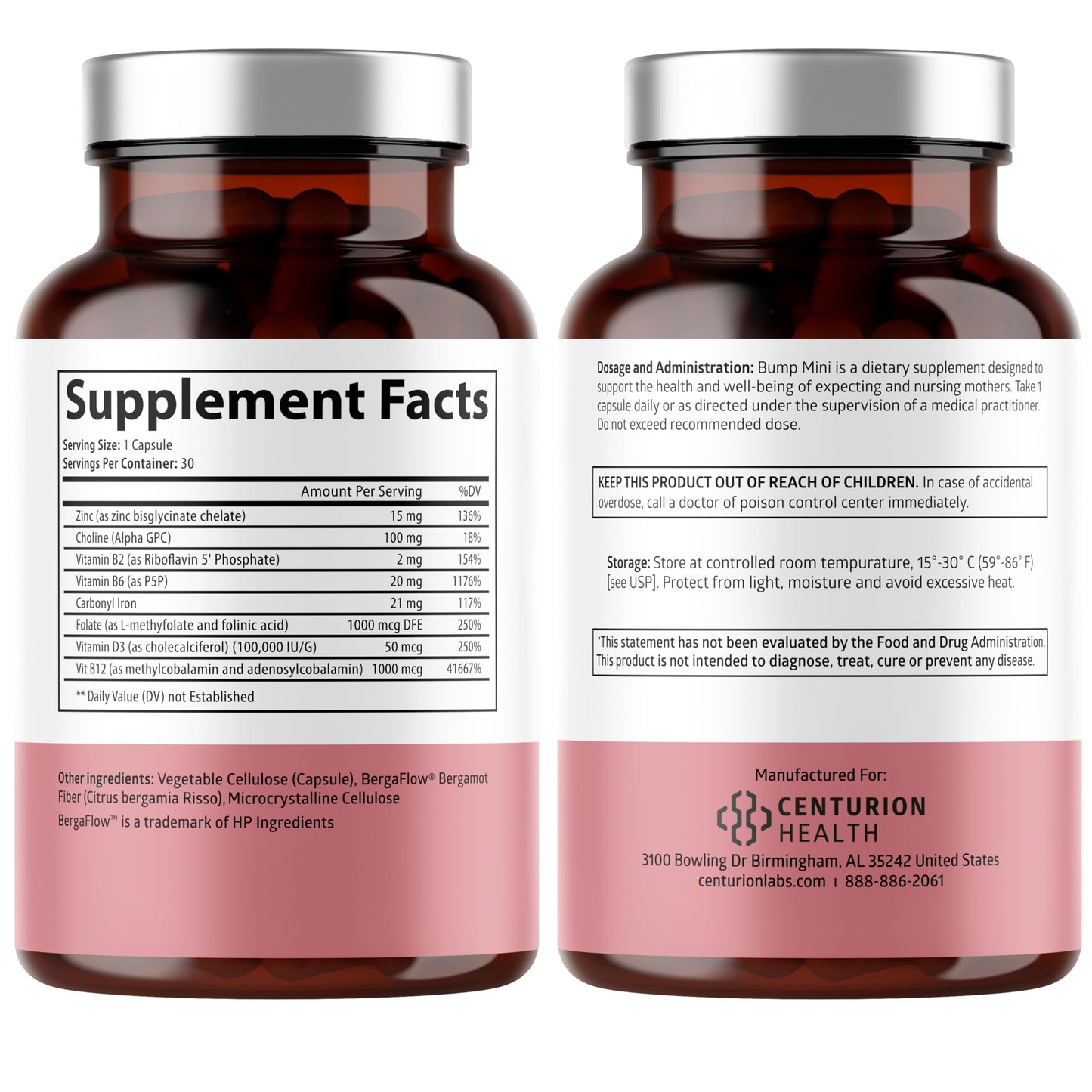 Centurion Health Bump Mini Complete Prenatal Vitamins for Women with Folate, Choline, Carbonyl Iron, Zinc, Vitamin D3 and Vitamin B12 for Fetal Development and Pregnancy Support Capsule 30