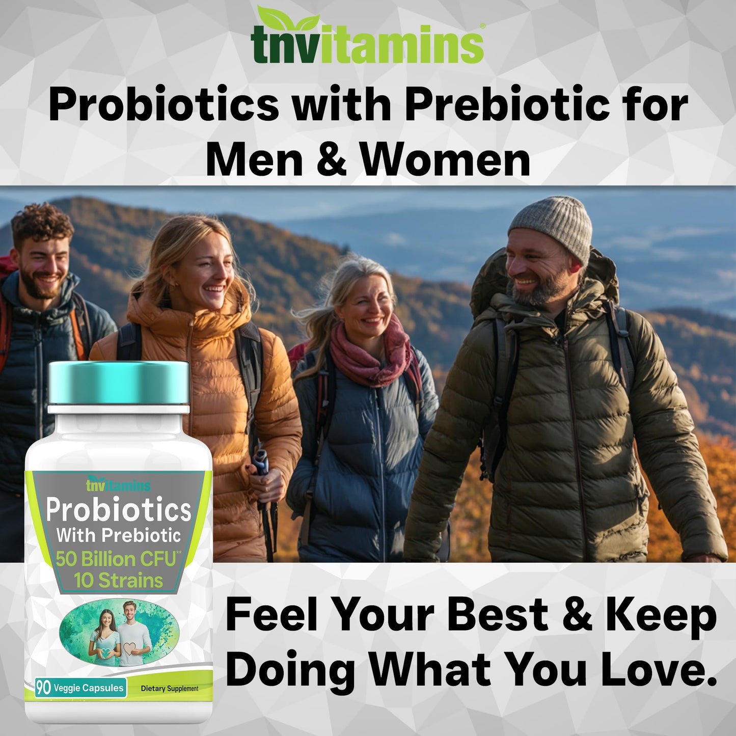 tnvitamins Probiotics with Prebiotic: 50 Billion CFU, 10-Strain Probiotic for Digestive Health and Immune Support Capsules, 90 Count