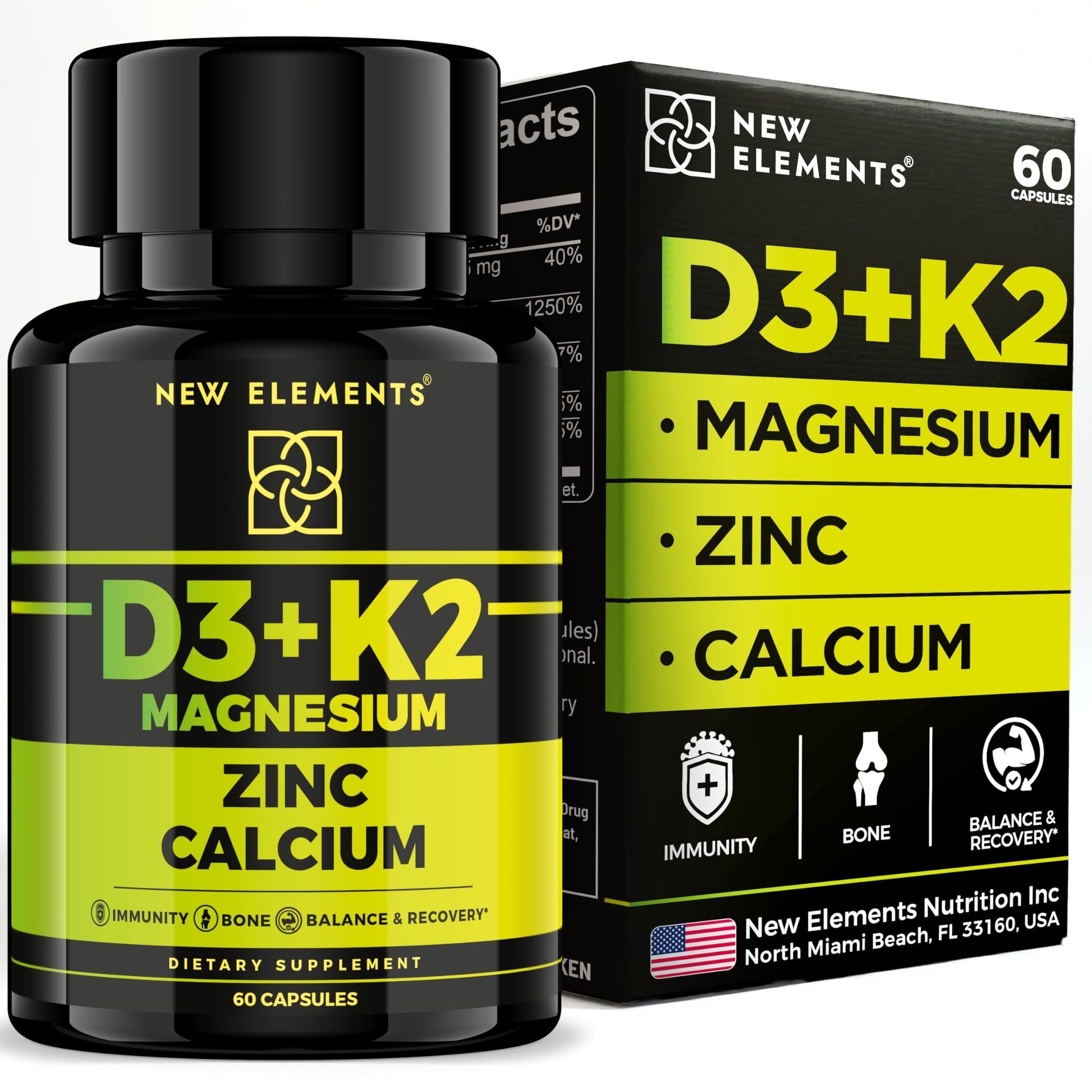 New Elements Vitamin D3 K2 with Magnesium Glycinate + Zinc & Calcium 60 Capsules