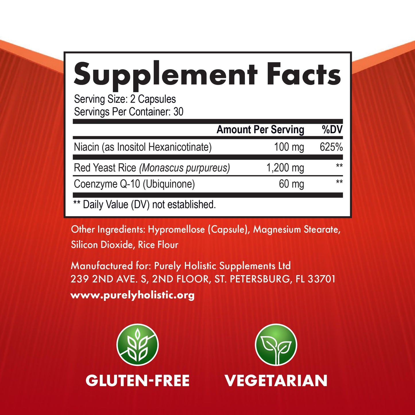Purely Holistic Red Yeast Rice with CoQ10 Supplement Capsule, 60 Count