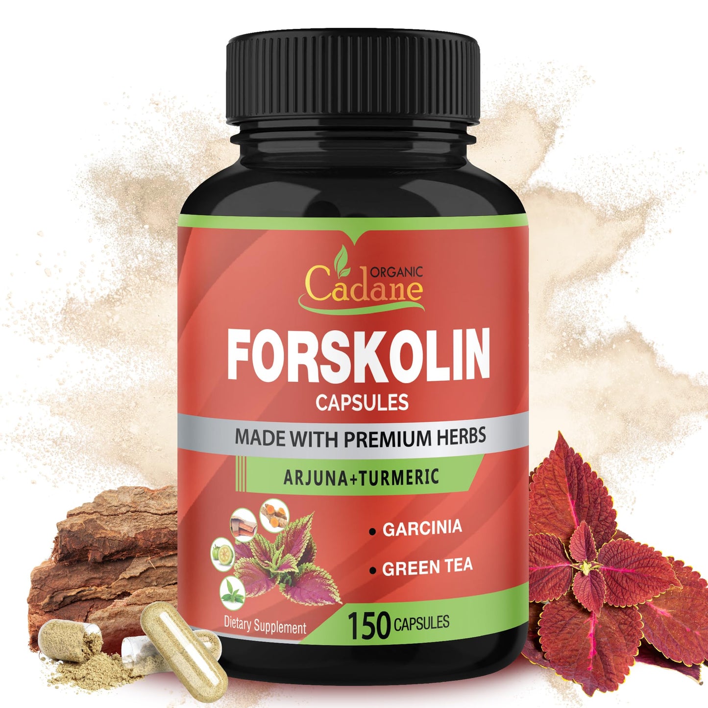 Organic Cadane Forskolin Supplements 5in1 with Turmeric Curcumin, Arjuna, Garcinia Cambogia, and Green Tea Capsules 150 Count