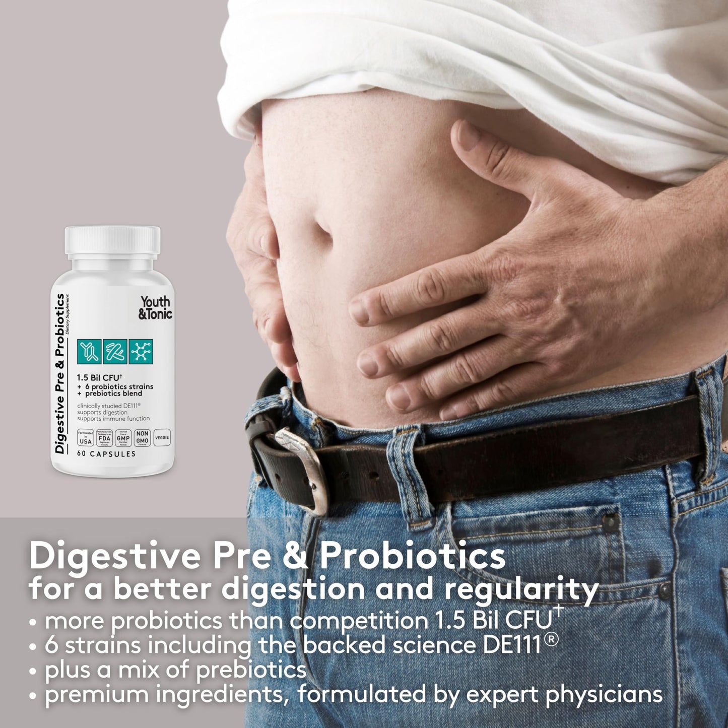 Youth & Tonic Digestive Supplement for Bloating, Regularity & Gut Health 120 Capsules