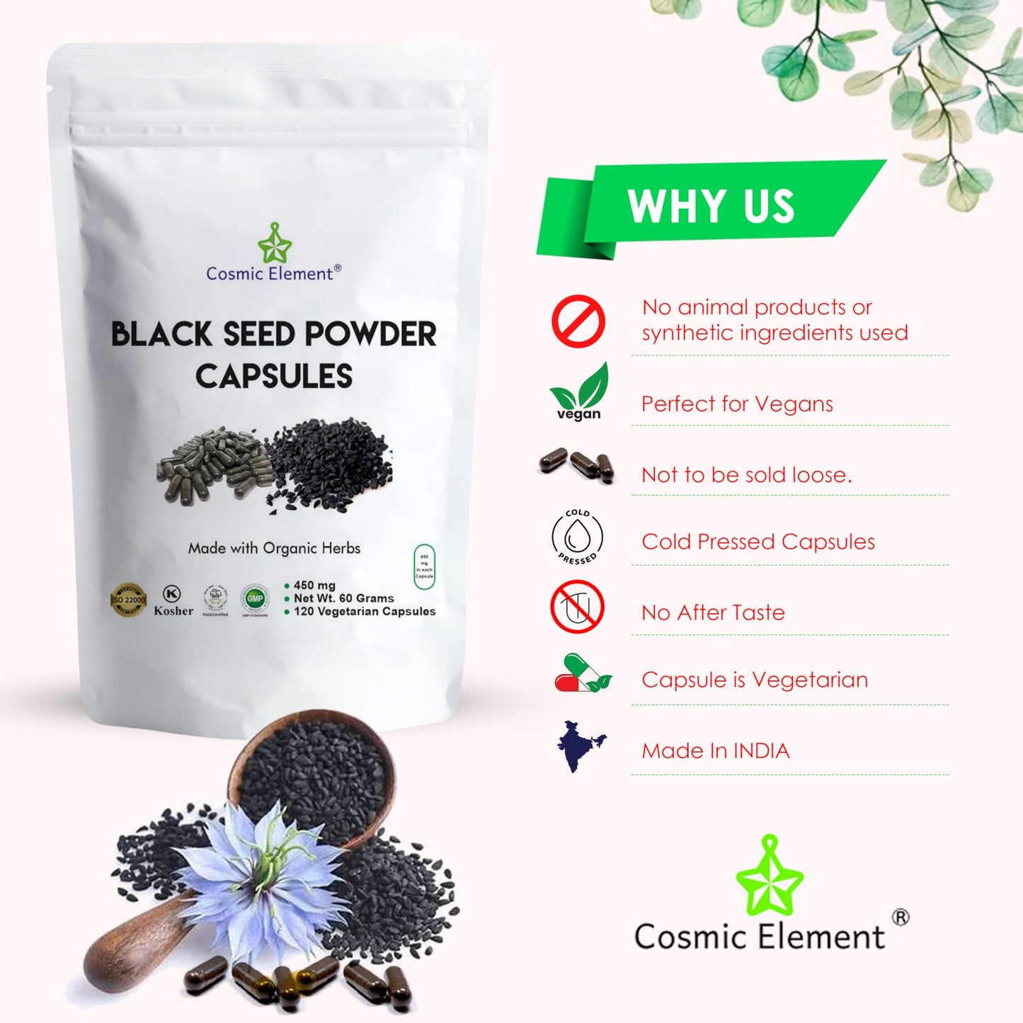 Cosmic Element Black Seed Powder Capsules, 450mg, 120 Capsules
