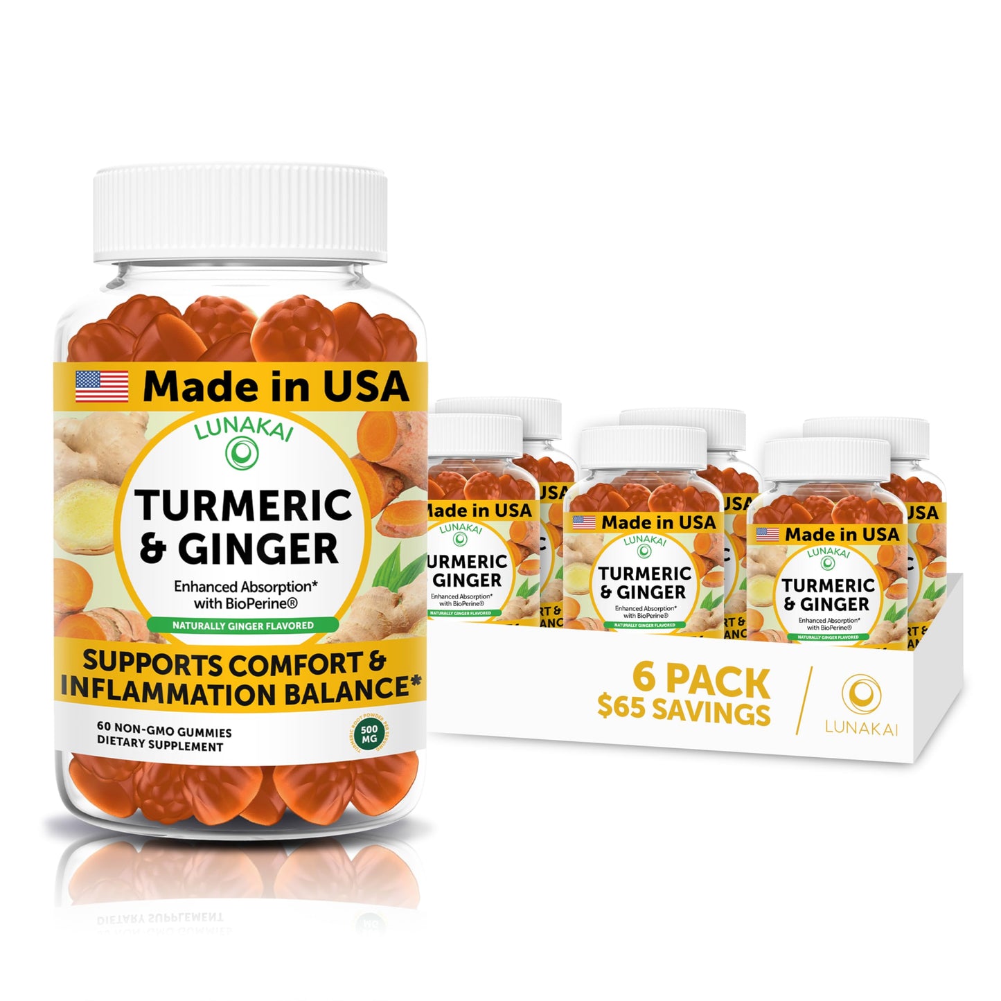 Lunakai Turmeric and Ginger Supplement 500mg with Black Pepper – High Absorption Curcumin for Joint Comfort, Daily Immune Support, Non-GMO, 360 Gummies