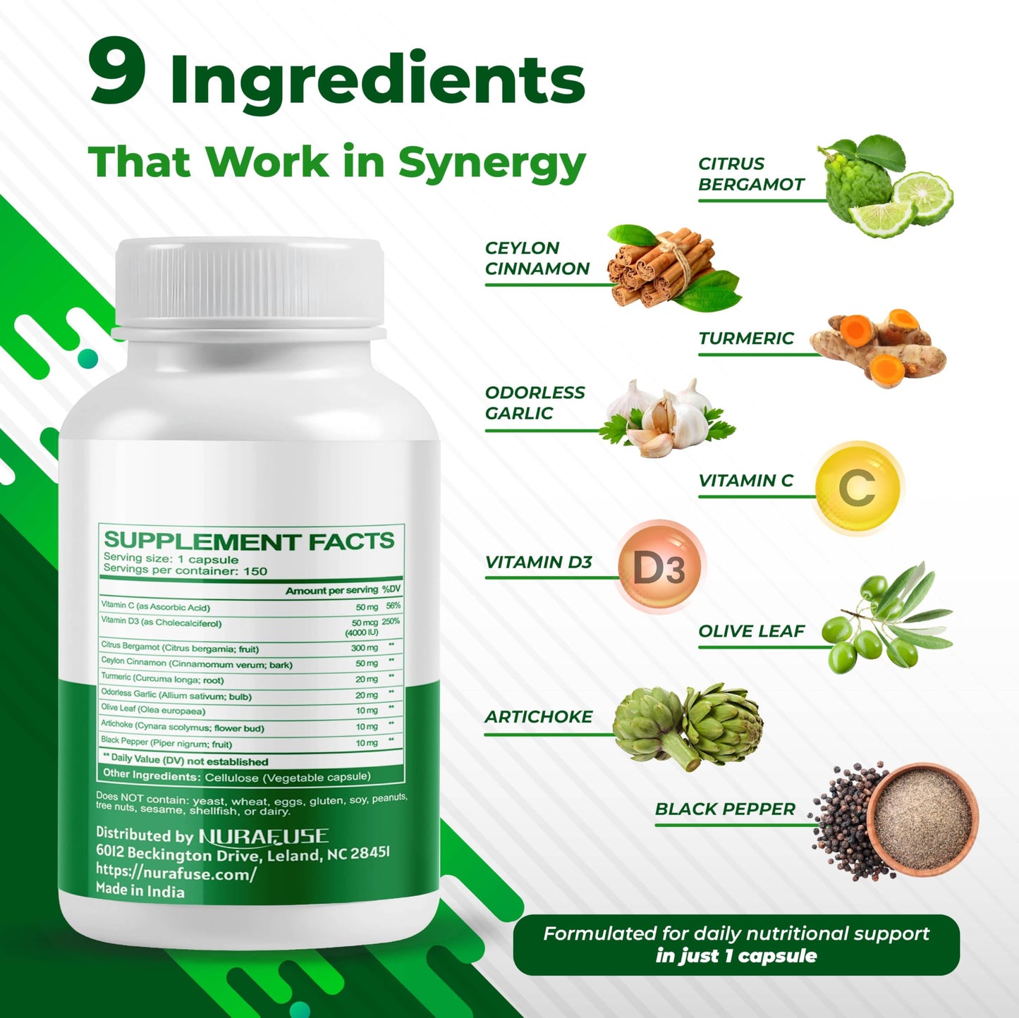 NURAFUSE Citrus Bergamot 9-in-1 Formula with Cinnamon Turmeric Odorless Garlic, Olive Leaf, Artichoke Capsules 150