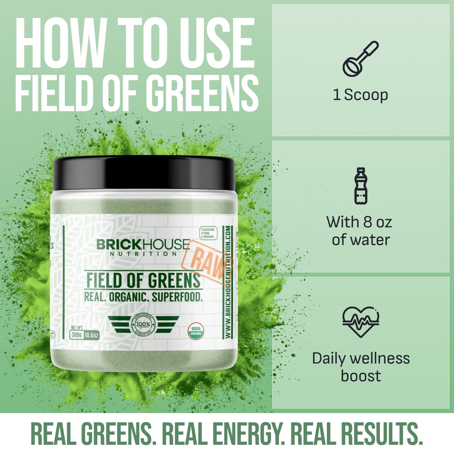 Brickhouse Nutrition Field of Greens Super Greens Powder, Doctor-Formulated Superfood Powder, Fruits & Veggies Supplement - Raw, 10.9 Ounce