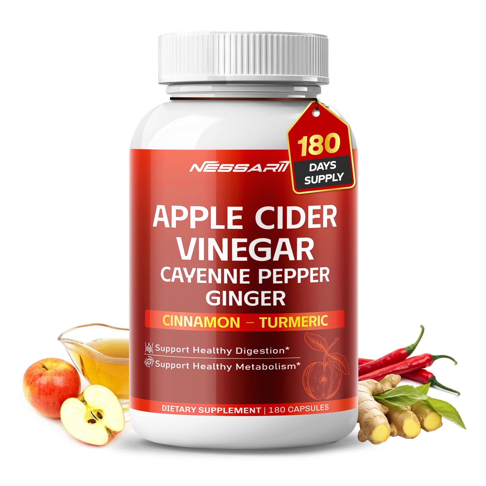NESSARIT Apple Cider Vinegar with Cayenne Pepper, Ginger, Cinnamon & Turmeric Capsules, 180 Count