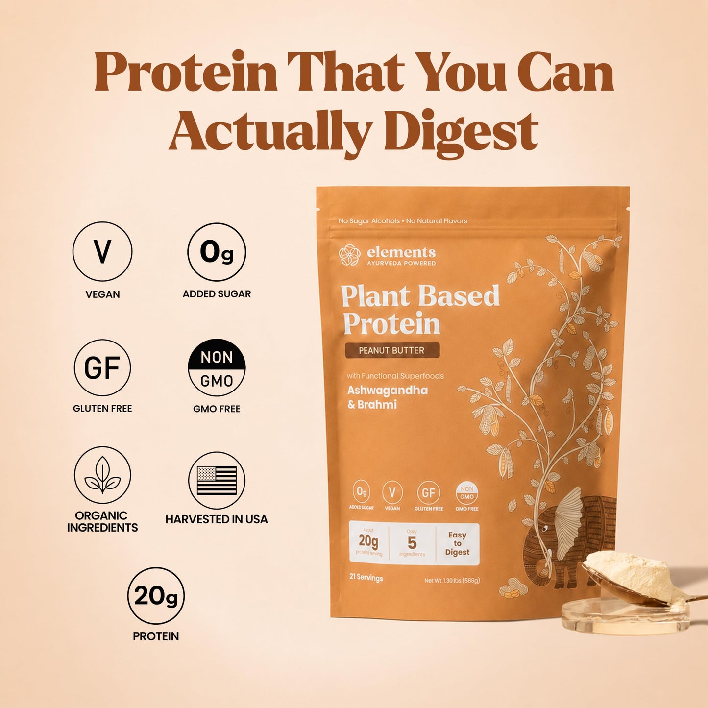 Elements Peanut Butter Plant Protein Powder, 20 Servings