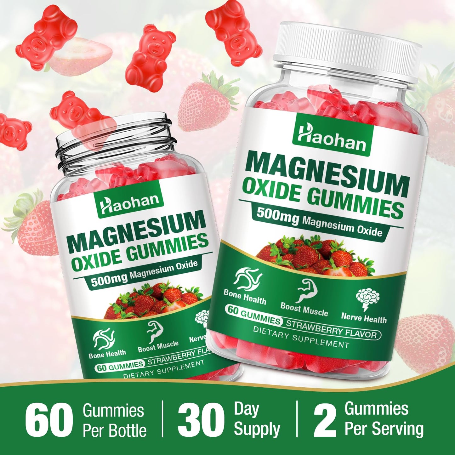 Haohan Magnesium Oxide Gummies 500mg Strawberry Flavor Chewable Supplement for Adults & Kids with Nerve & Muscle Support, 60 Count
