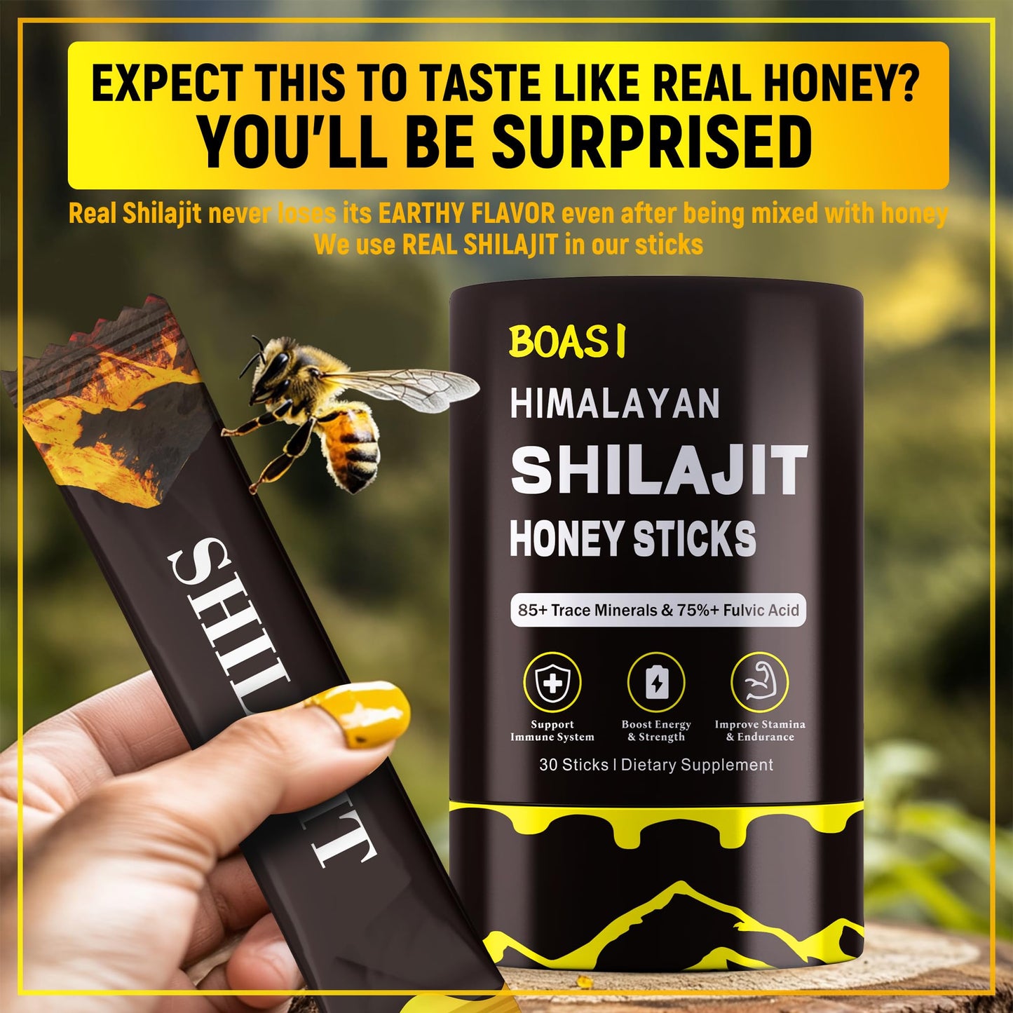 Boasi Shilajit Honey Sticks with Organic Saffron, 85+ Trace Minerals, 75%+ Fulvic Acid, Enhance Cognitive Functions Boost Energy & Strength Gummies, 30 Count