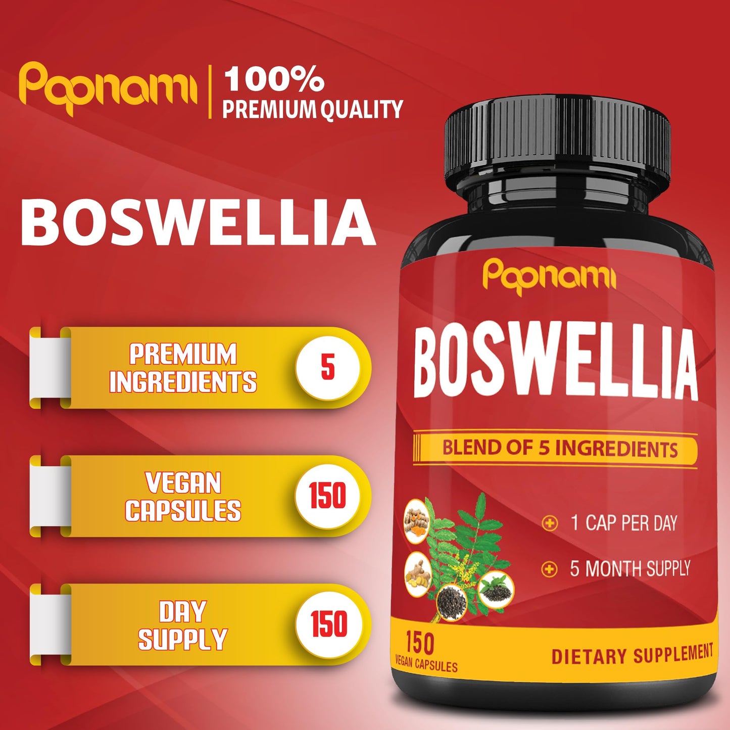 Papnami Boswellia Serrata Extract Capsules with Turmeric, Ginger, Pepper, Green Tea, 150 Capsules