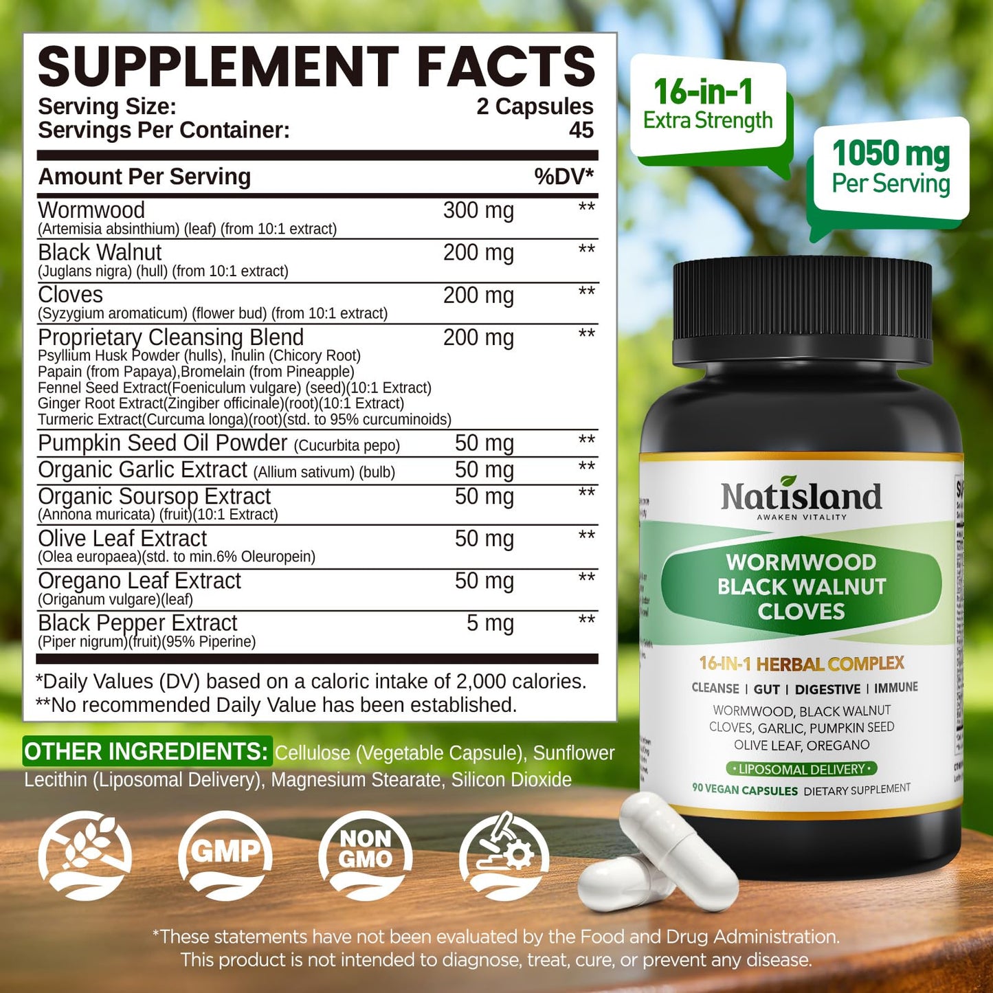 NATISLAND Liposomal Black Walnut Wormwood Clove Cleanse for Humans Lymphatic Support with Garlic Soursop Olive Leaf Pumpkin Seed Turmeric Black Pepper Capsule, 90 Count