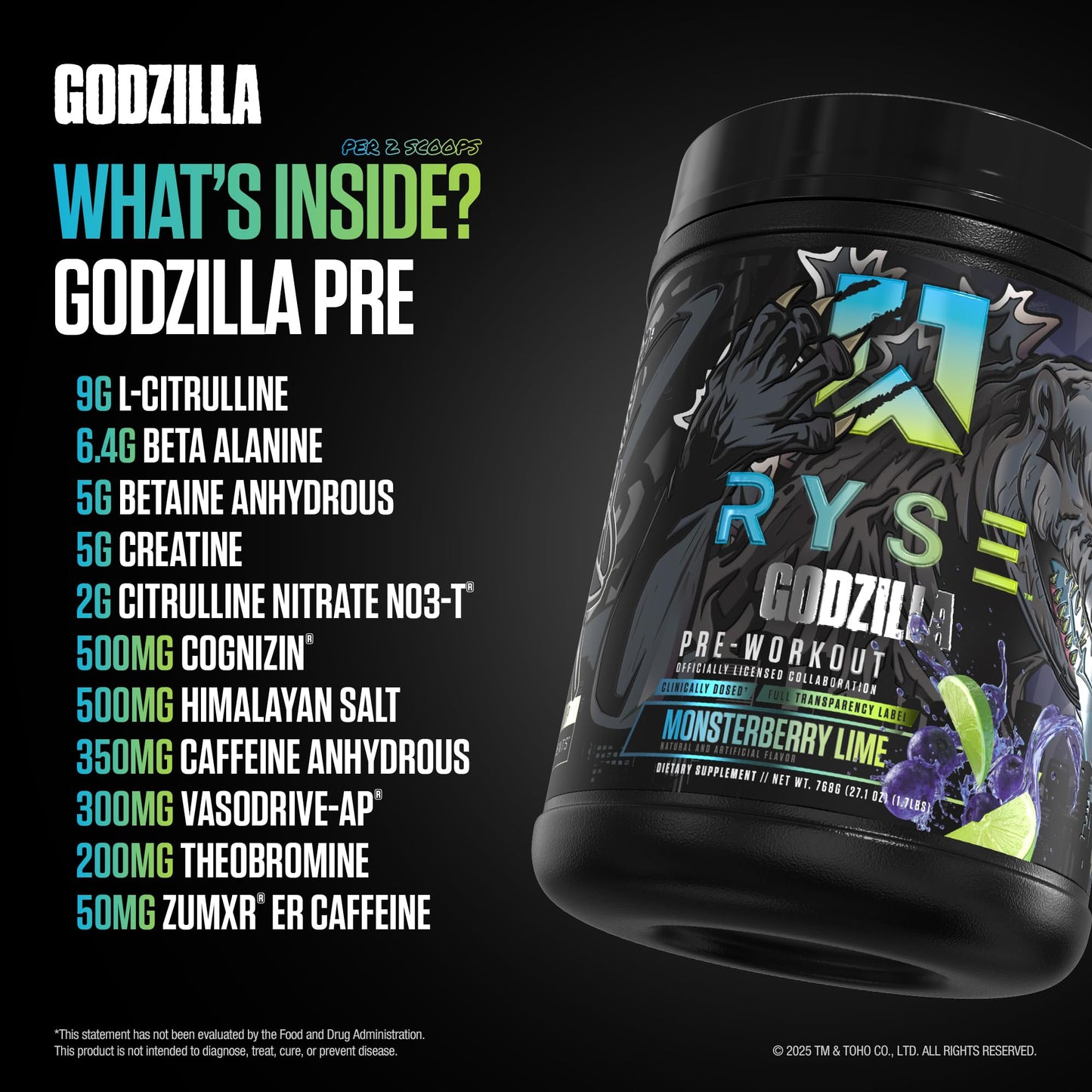 RYSE Up Supplements Godzilla X Noel Deyzel Pre Workout Powder - Monsterberry Lime - 28 Servings