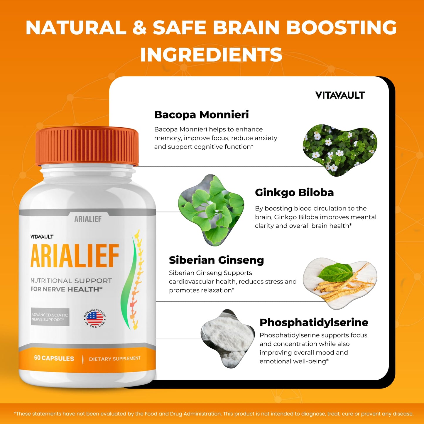 Vitavault Arialief Brain Supplements for Memory and Focus Capsules 300 Capsules