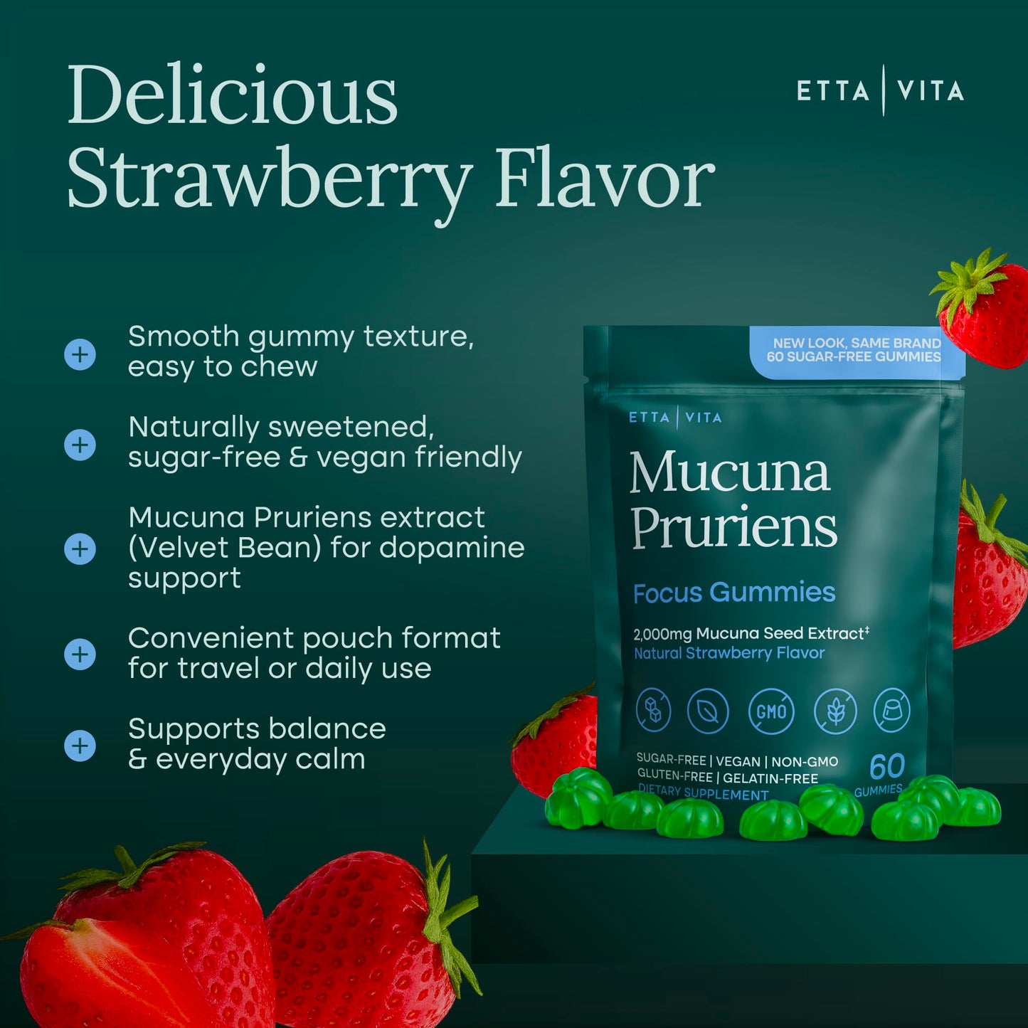 Etta Vita Dopamine Supplement Mucuna Pruriens Gummies, Sugar-Free, 2g/serving, 60 Gummies
