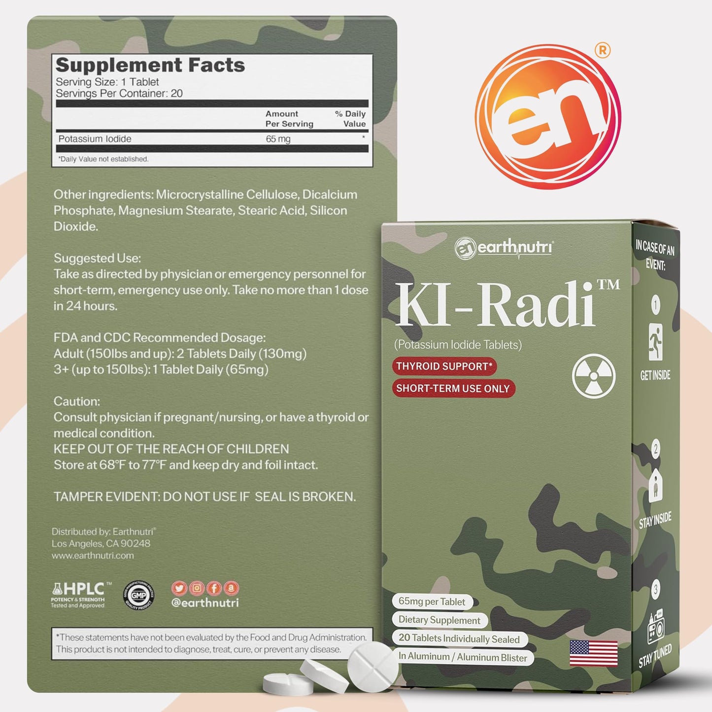 EarthNutri KI-Radi Potassium Iodide KI Tablets 65 mg, 20 Tablets