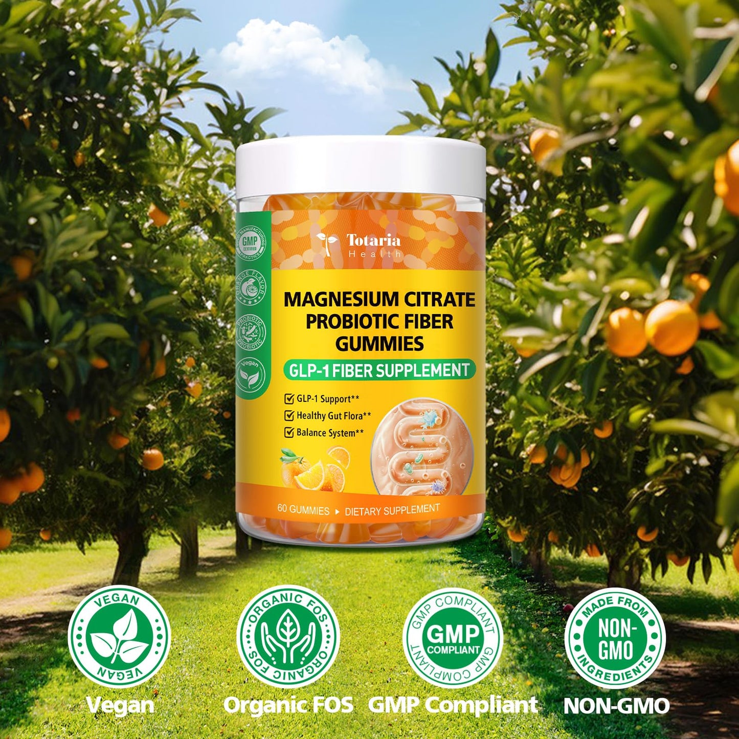 Totaria 15-in-1 Magnesium Citrate Fiber Gummies with Probiotic Prebiotic for Digestion, Apple Cider Vinegar 500mg, Acacia, B6, B12, 60 Gummies