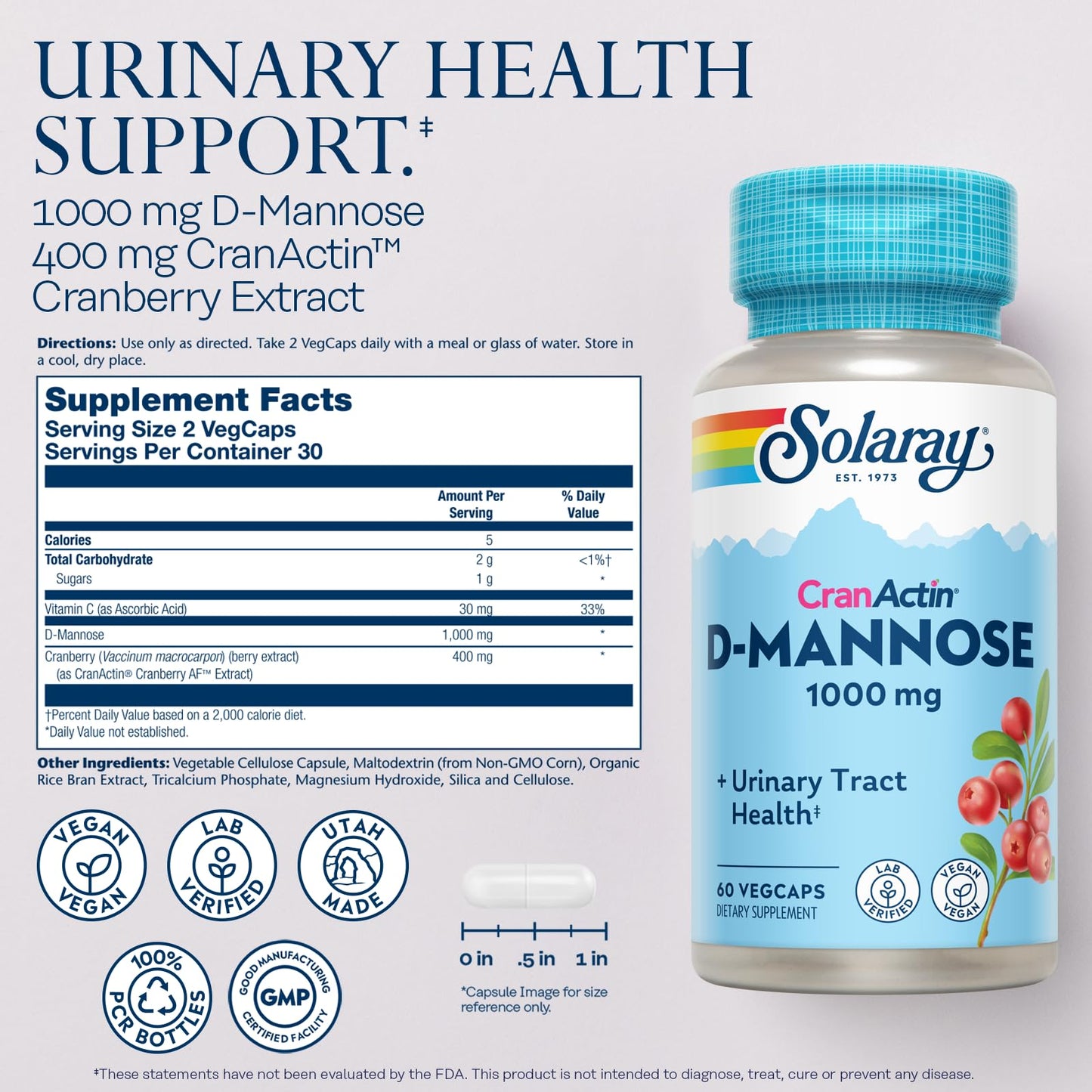 Solaray D-Mannose with CranActin Cranberry Supplement 400mg Capsule, 60 VegCaps