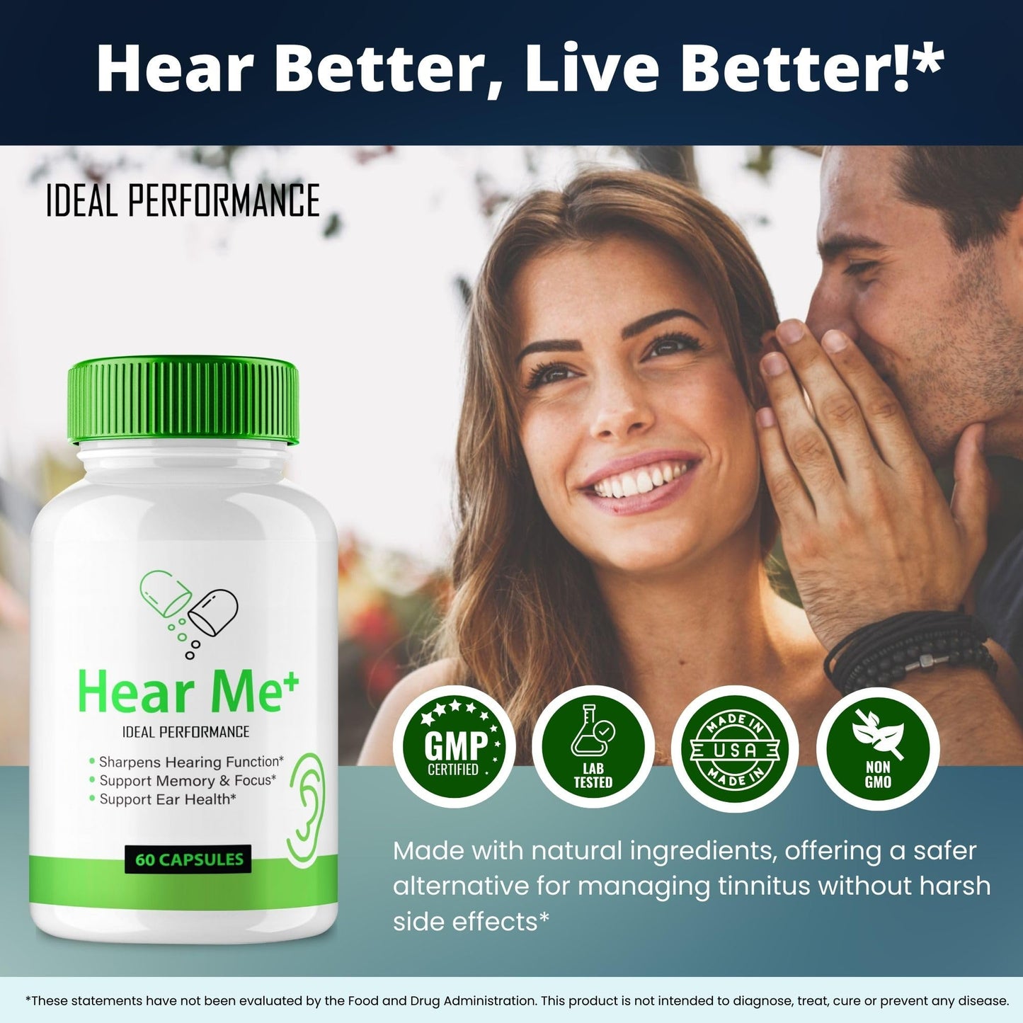 IDEAL PERFORMANCE Hear Me+ Tinnitus Relief for Ringing Ears, 60 Capsules