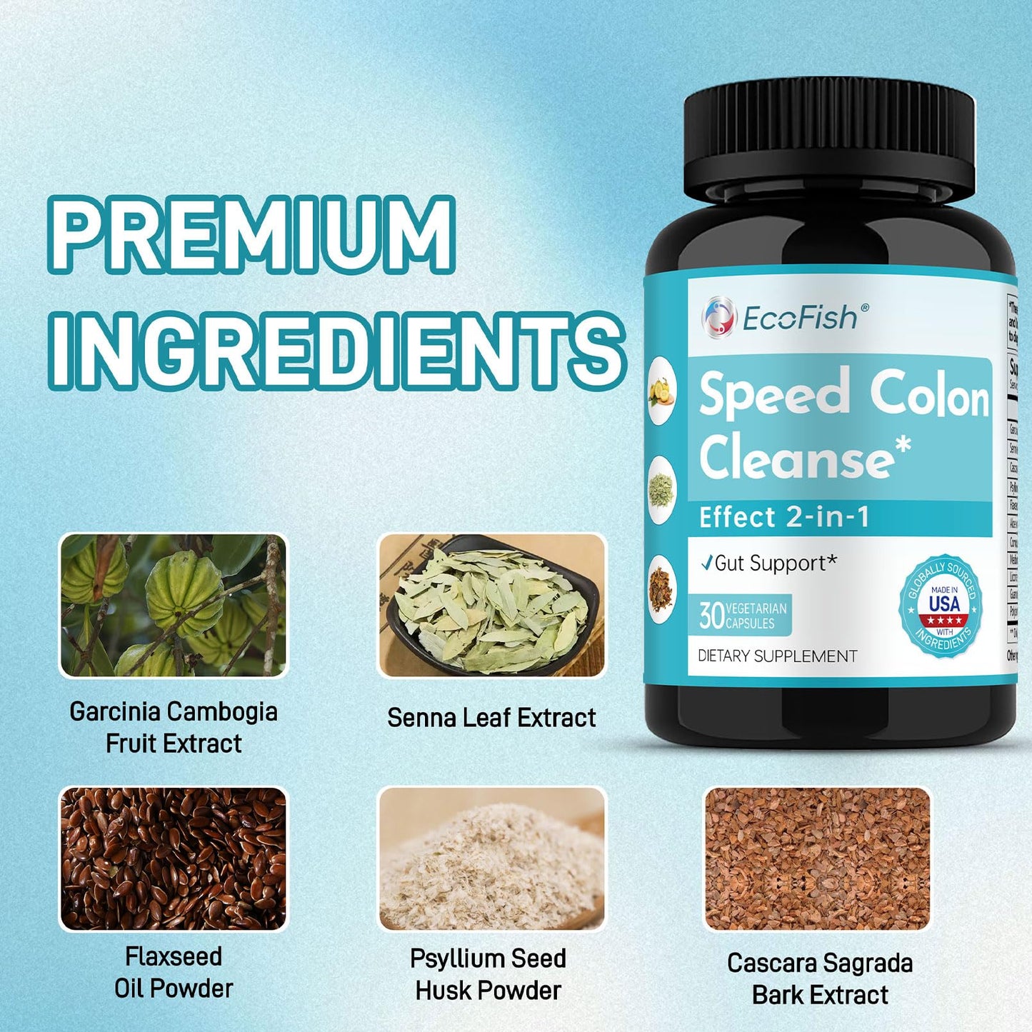 ECOFISH Natural Colon Cleanse 15 Days 2-in-1 Gut Support for Men & Women, 30 Capsules