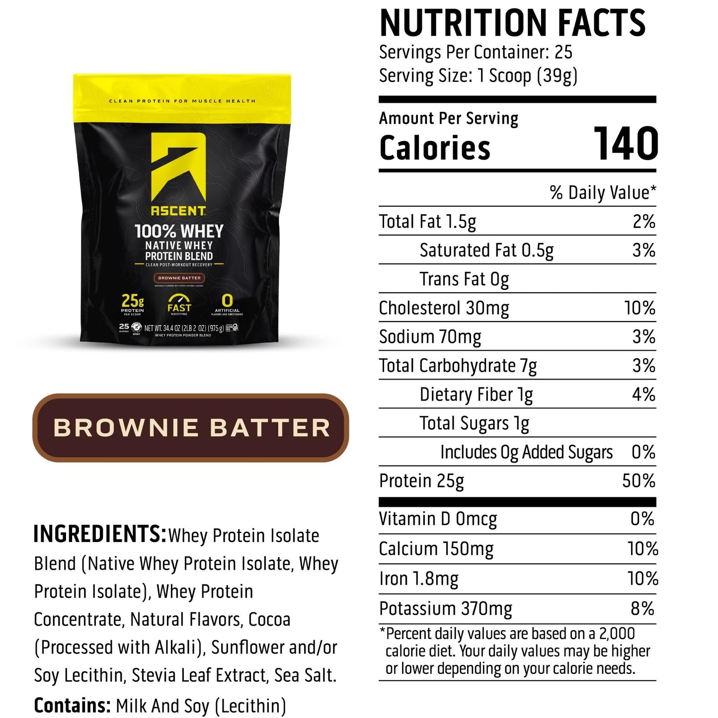 Ascent 100% Whey Protein Powder Brownie Batter, 27.2 oz