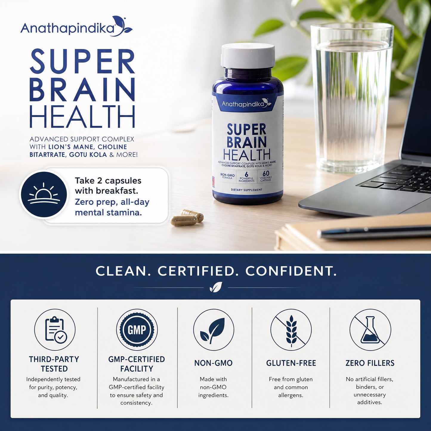 Anathapindika Health Brain Health Nootropic Supplement Lion's Mane 200mg Gotu Kola 200mg Choline 80mg Beetroots 100mg Skullcap 400mg for Memory Focus Nootropic & Brain Fog, 60 Capsules