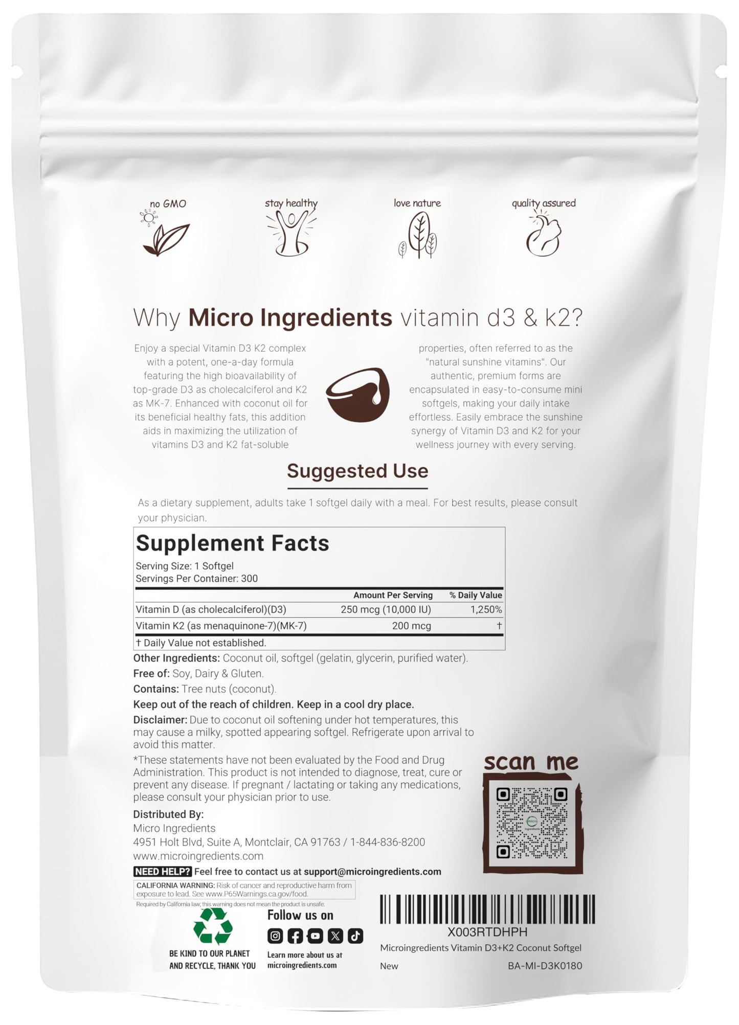 Micro Ingredients Vitamin D3 10,000 IU + K2 MK-7 200 mcg Softgels, 300 Count