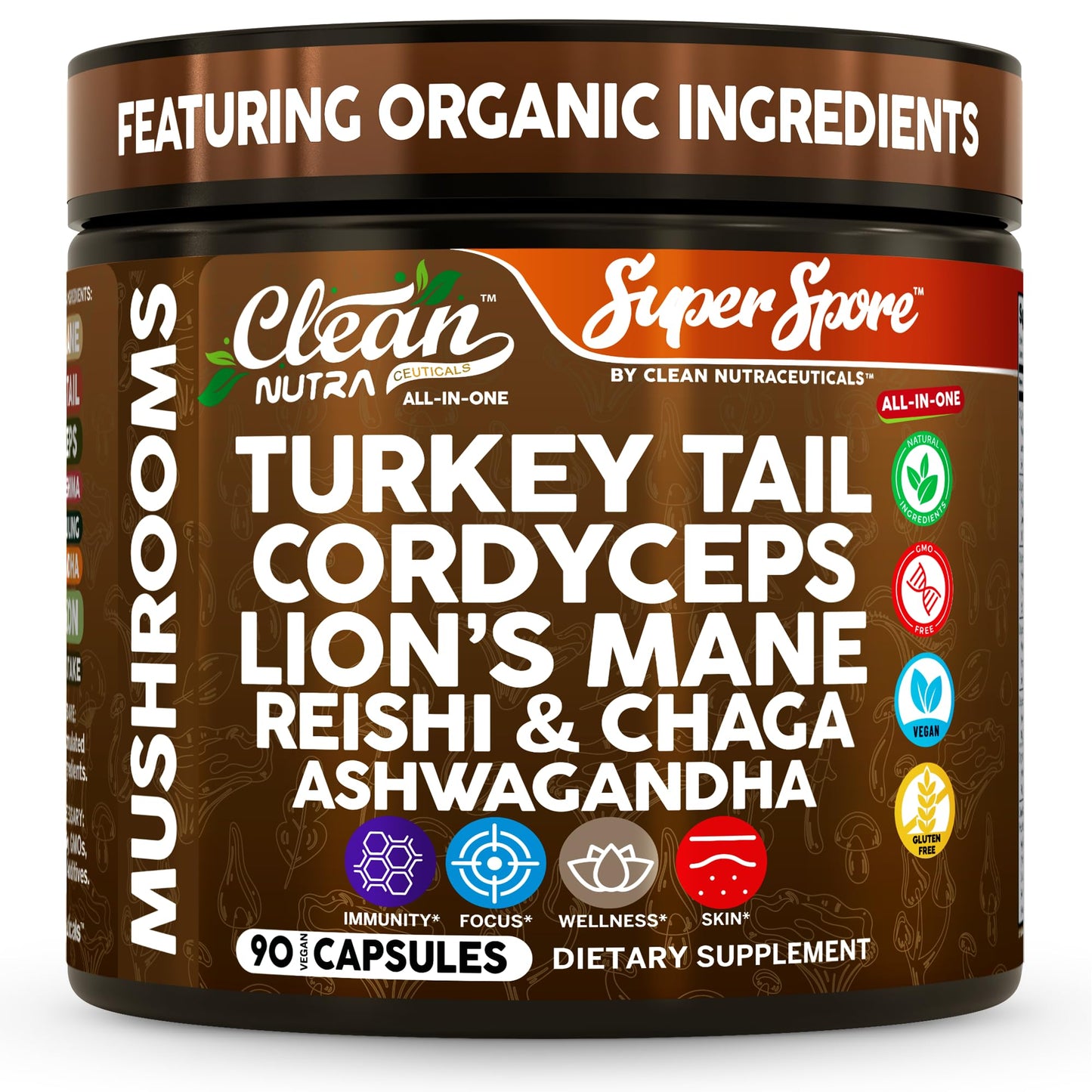 Clean Nutraceuticals Organic Turkey Tail Mushroom Supplement Capsules, 90 Count
