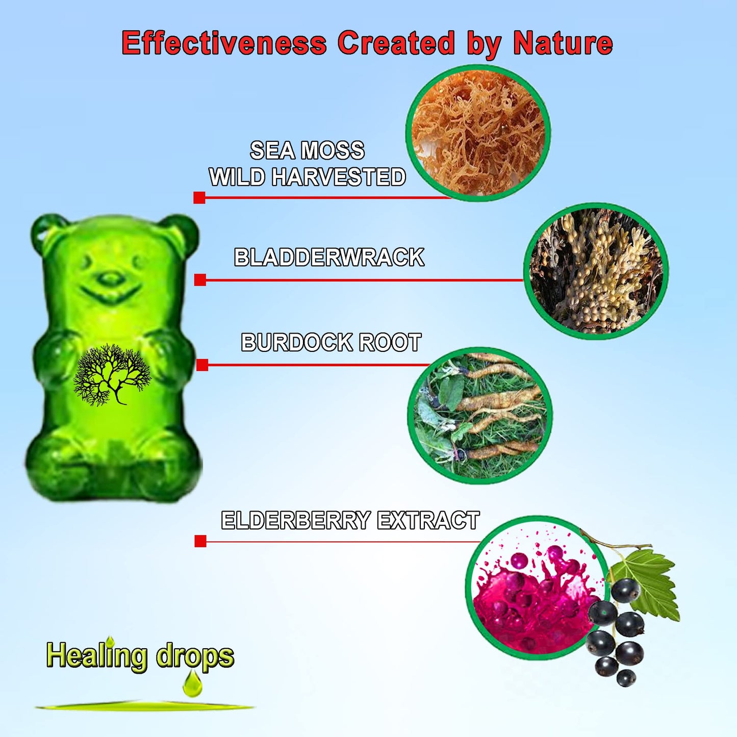 HEALING DROPS Irish Sea Moss Gummies Chewable Elderberry-Mix 50 Count