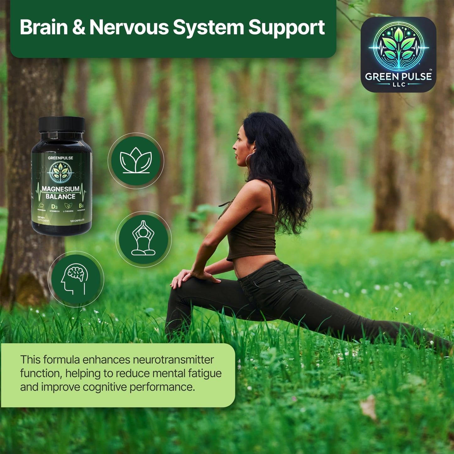 GREENPULSE Magnesium Balance – Magnesium Glycinate & Citrate with L-Theanine, Vitamin C, B6 & D3 – Calm & Relaxation Support – 120 Capsules