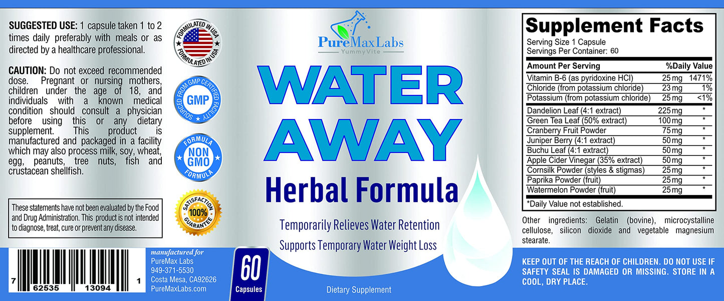 YUMMYVITE Water Away Gentle Herbal Diuretic Capsules, 60 Count