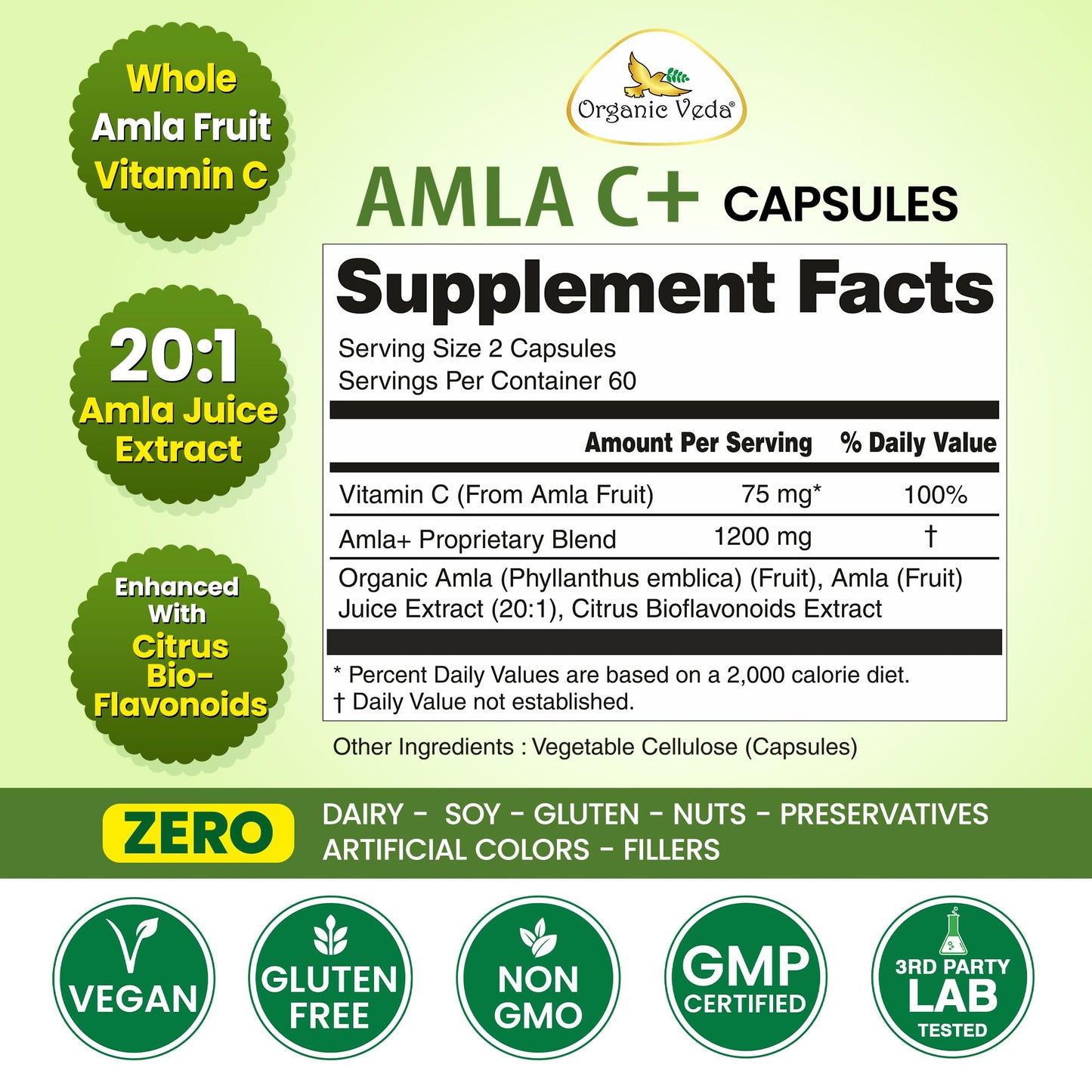 Organic Veda Amla + Capsules 20X Concentrated Amla Fruit Juice Extract Vitamin C Capsule, 120 Count