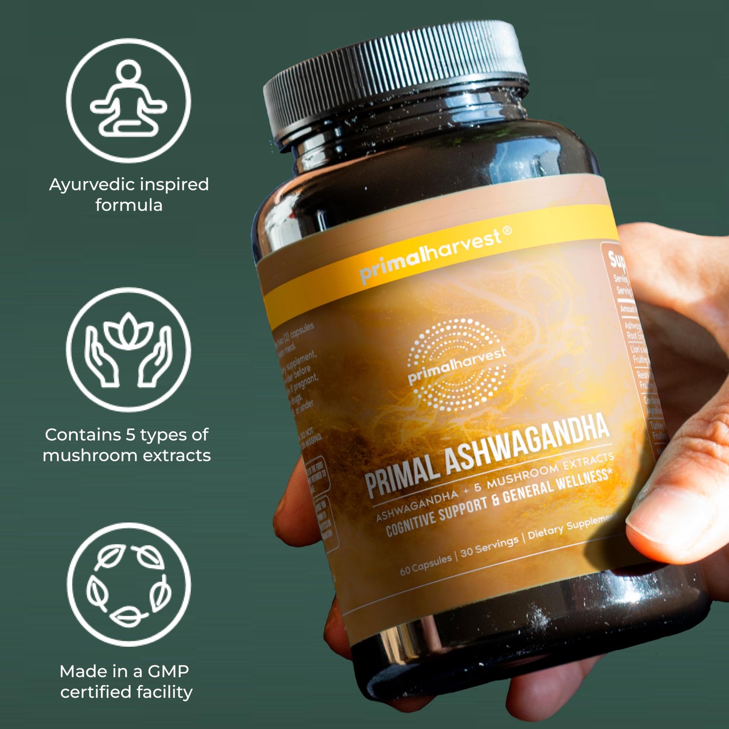Primal Harvest Ashwagandha Supplement with 5 Mushroom Extracts Capsule, 60 Count