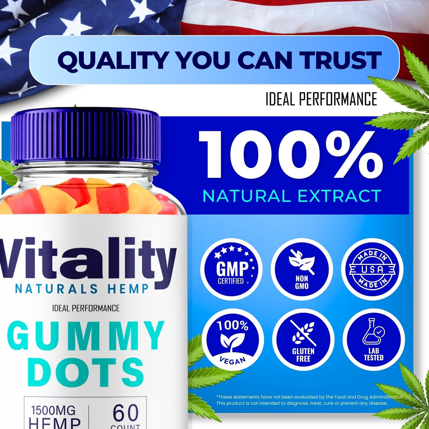 IDEAL PERFORMANCE Vitality Gummy Dots Hemp Gummies with Hemp Seeds Organic Extract, 60 Gummies